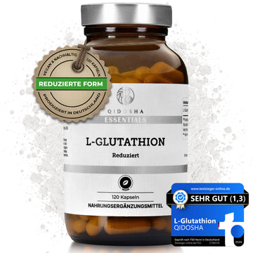 Braunes Glas QIDOSHA ESSENTIALS L-Glutathion mit 120 veganen Kapseln. Premium, laborgeprüfte Qualität, ohne Füllstoffe, nachhaltig in Deutschland produziert, Testsieger mit Sehr gut bewertet.