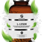 Dunkles Glas mit 240 veganen QIDOSHA ESSENTIALS L-Lysin-Kapseln, laborgeprüft, ohne Zusätze, aus fermentiertem Mais, mit 500mg pflanzlicher Lysin-Aminosäure pro Kapsel.