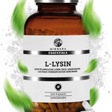 Dunkles Glas mit 240 veganen QIDOSHA ESSENTIALS L-Lysin-Kapseln, laborgeprüft, ohne Zusätze, aus fermentiertem Mais, mit 500mg pflanzlicher Lysin-Aminosäure pro Kapsel.