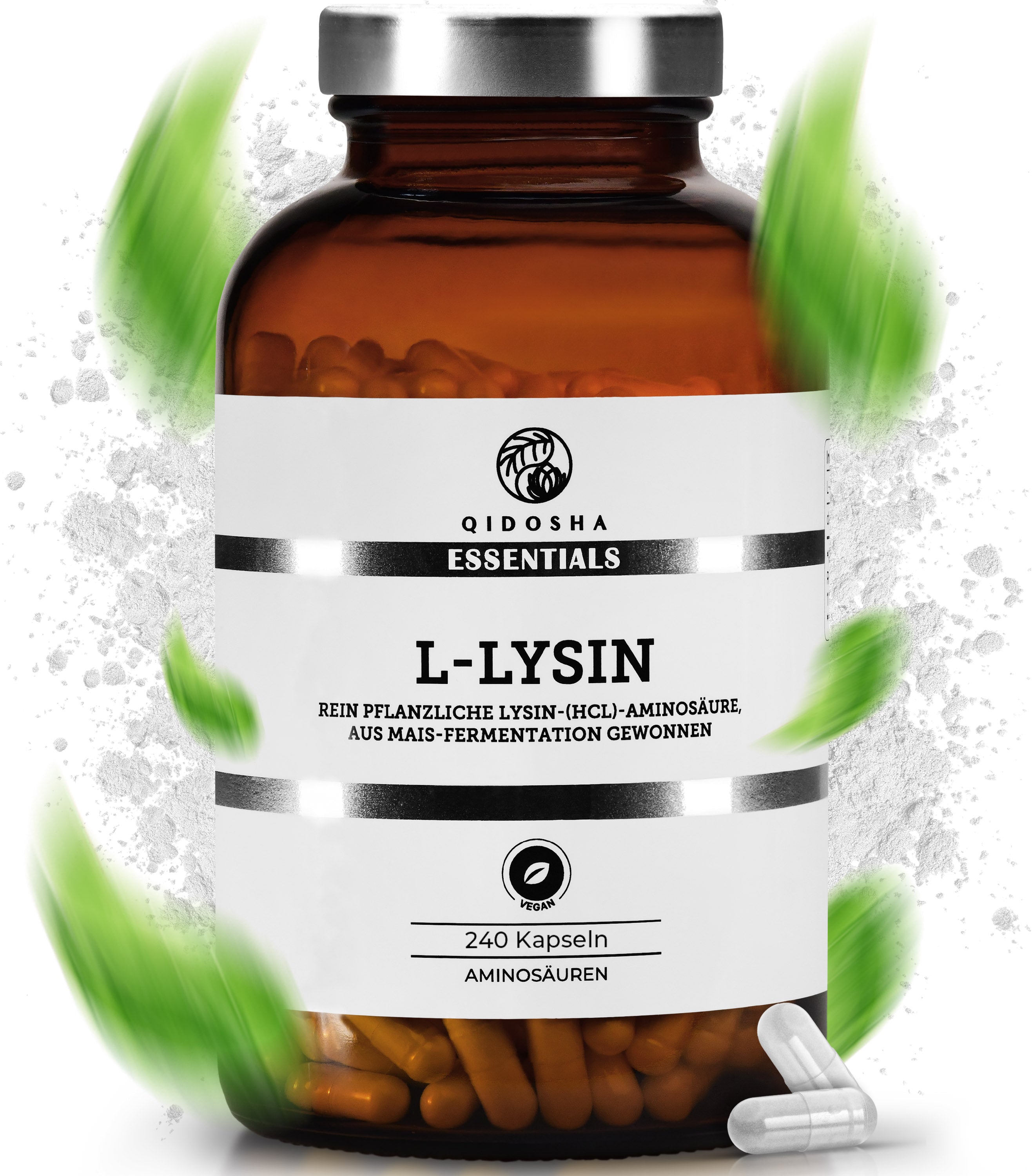 Dunkles Glas mit 240 veganen QIDOSHA ESSENTIALS L-Lysin-Kapseln, laborgeprüft, ohne Zusätze, aus fermentiertem Mais, mit 500mg pflanzlicher Lysin-Aminosäure pro Kapsel.