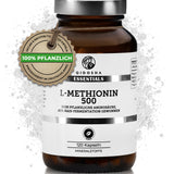 Dunkelbraunes Glas mit silbernem Deckel von QIDOSHA ESSENTIALS, L-Methionin 500, vegan, laborgeprüft, 120 Kapseln, rein pflanzlich, ohne Füllstoffe, hergestellt in Deutschland.