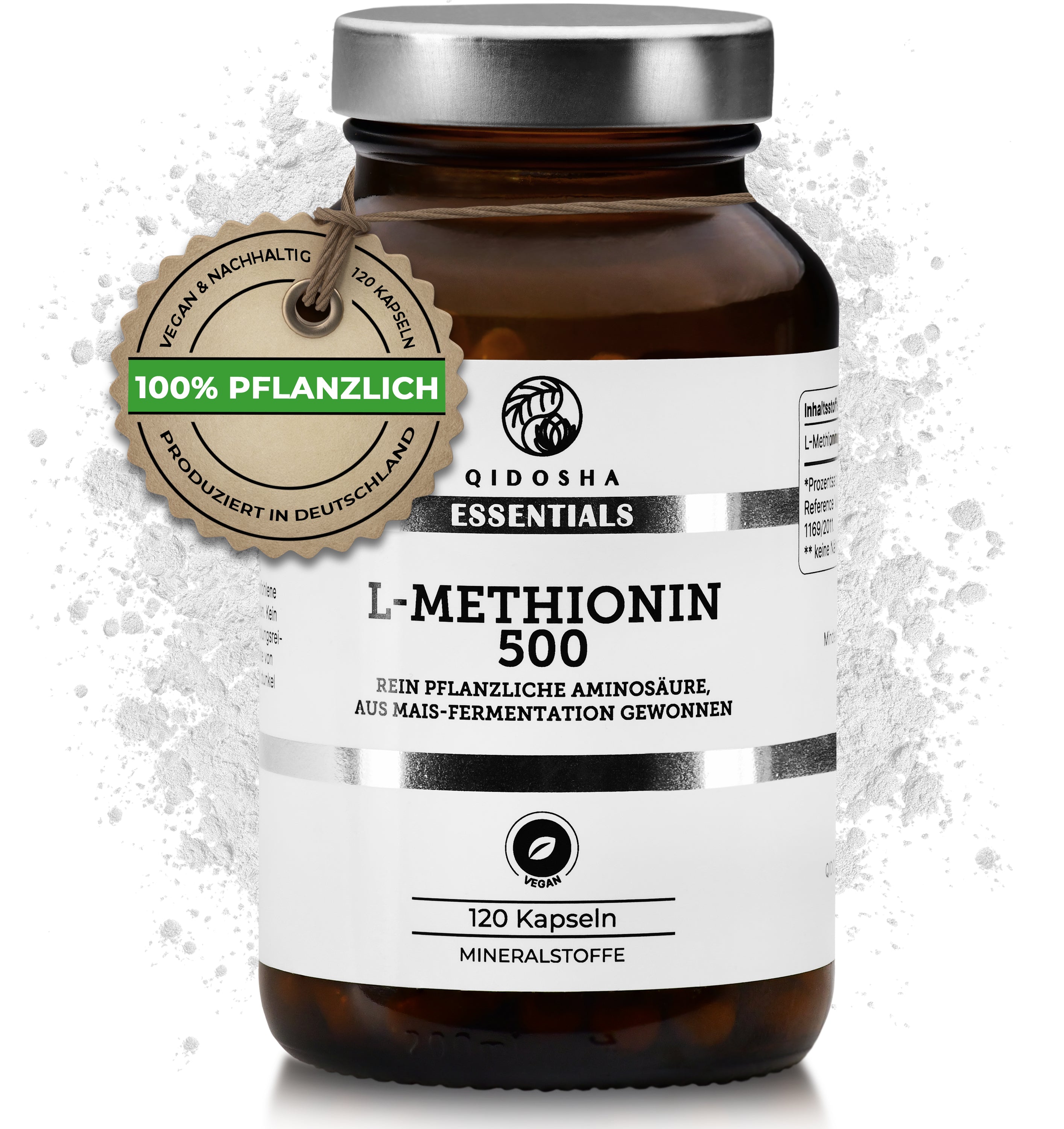 Dunkelbraunes Glas mit silbernem Deckel von QIDOSHA ESSENTIALS, L-Methionin 500, vegan, laborgeprüft, 120 Kapseln, rein pflanzlich, ohne Füllstoffe, hergestellt in Deutschland.