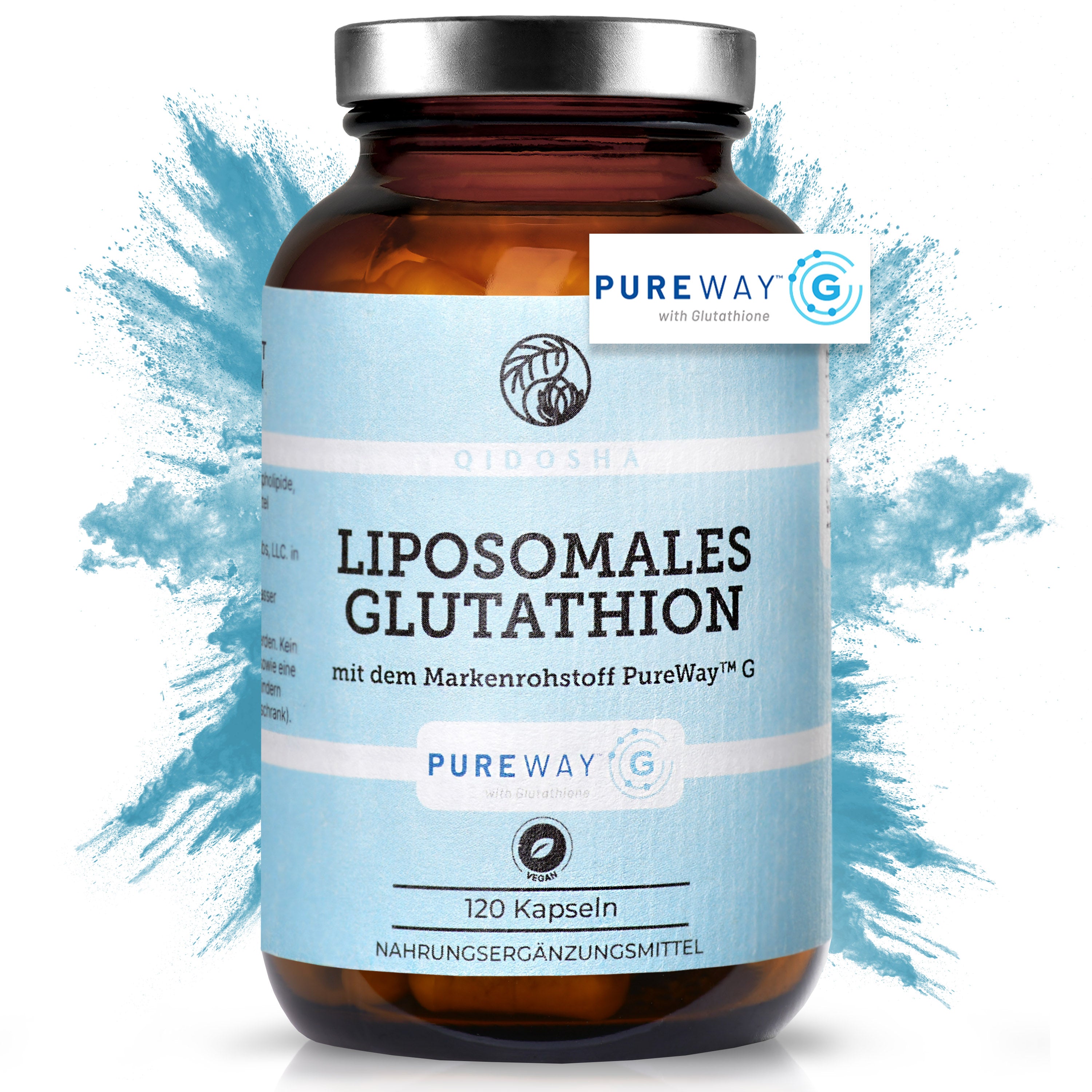 Glasflasche mit 120 veganen Premium-Glutathion-Kapseln, liposomal mit PureWay™ G, laborgeprüfte Qualität ohne Füllstoffe, für optimierte Bioverfügbarkeit.