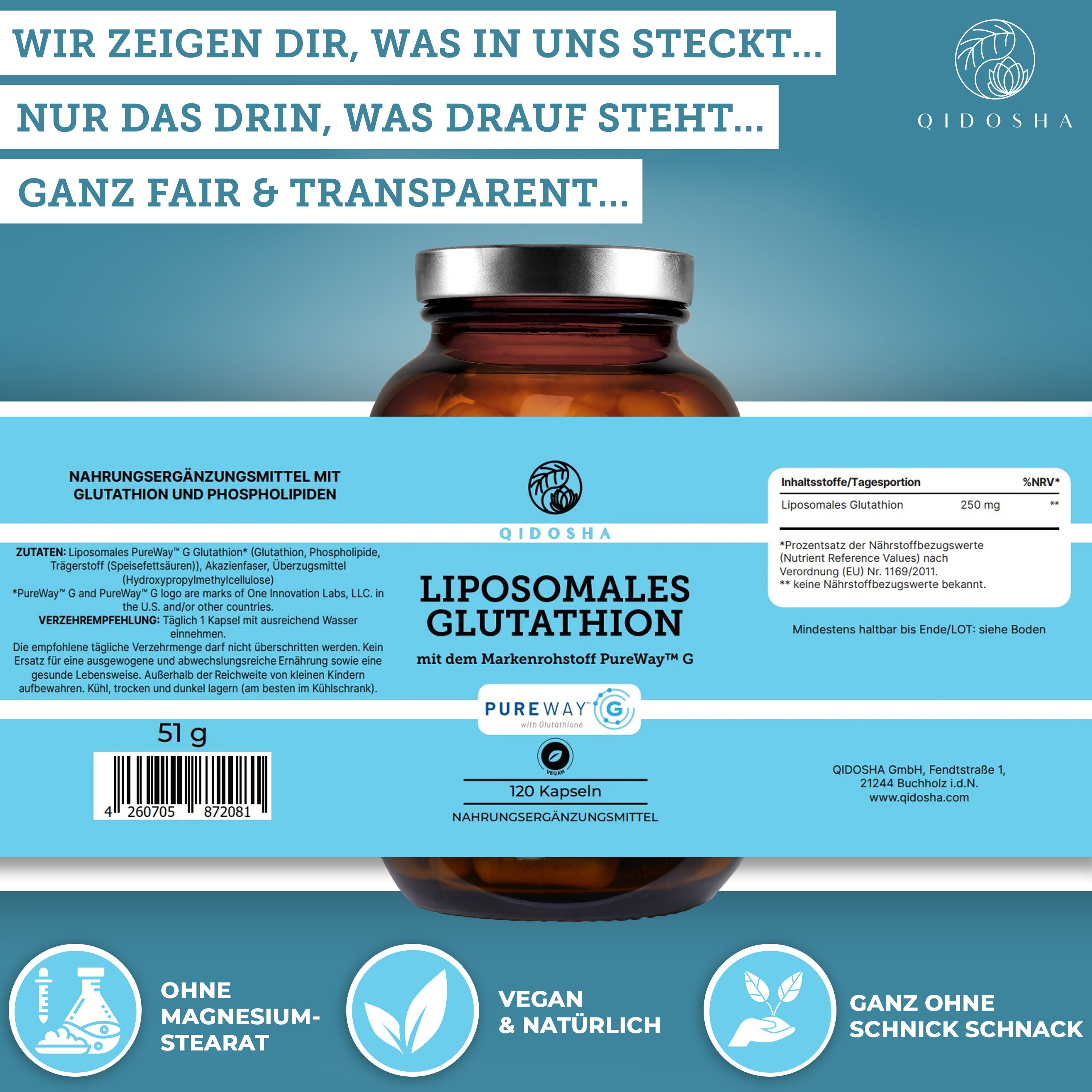 Liposomales Glutathion von QIDOSHA, mit PureWay™ G, 120 vegane Kapseln. Premium-Qualität, hohe Bioverfügbarkeit, laborgeprüft, ohne Füllstoffe, in nachhaltigem Glas, hergestellt in Deutschland.