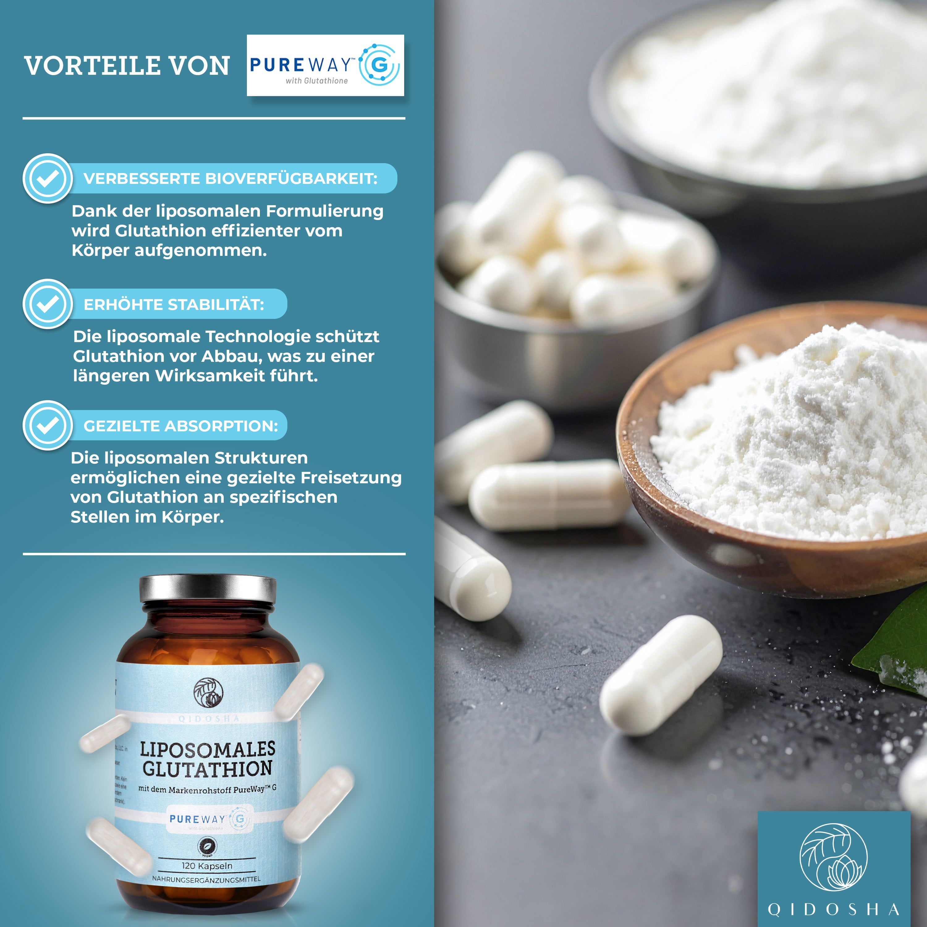 Glutathion liposomal mit dem Markenrohstoff PureWay™ G, 120 Kapseln, Premium-Qualität, verbesserte Bioverfügbarkeit, gezielte Absorption, ohne Füllstoffe, in Deutschland laborgeprüft hergestellt.