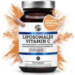 Dunkles Glas mit silbernem Deckel, beschriftet „QIDOSHA LIPOSOMALES VITAMIN C“, 120 vegane Kapseln. Enthält PureWay-C® für hohe Bioverfügbarkeit, ohne Füllstoffe, laborgeprüfte Qualität.