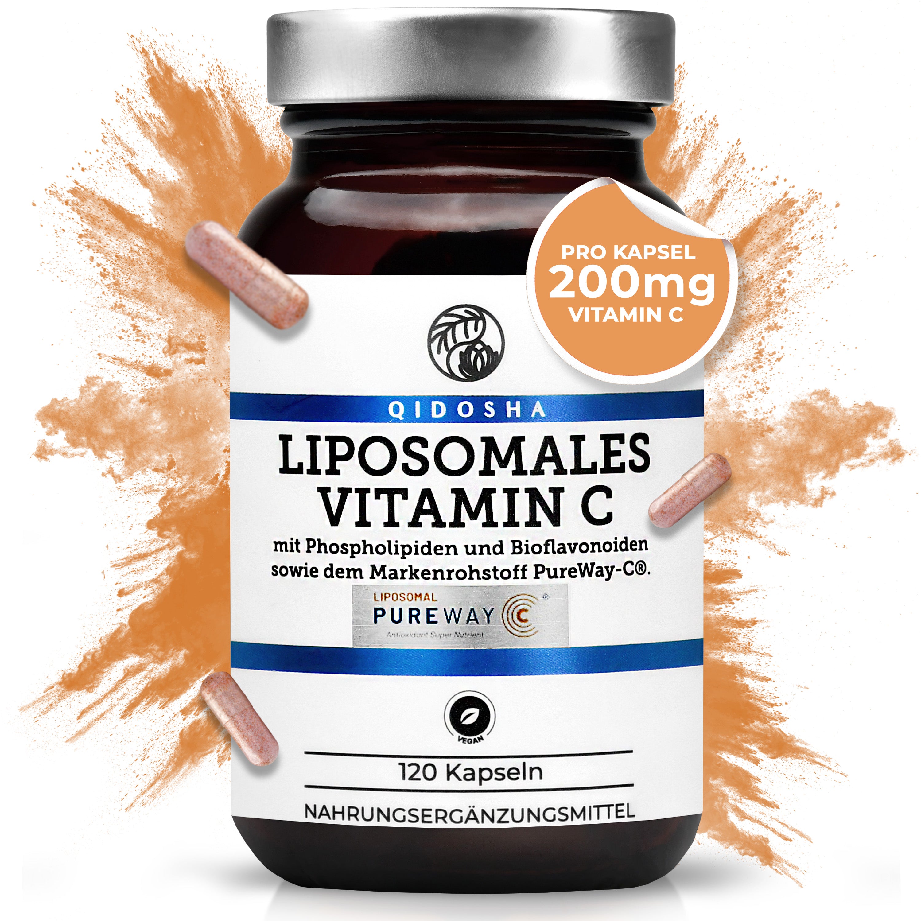 Dunkles Glas mit silbernem Deckel, beschriftet „QIDOSHA LIPOSOMALES VITAMIN C“, 120 vegane Kapseln. Enthält PureWay-C® für hohe Bioverfügbarkeit, ohne Füllstoffe, laborgeprüfte Qualität.