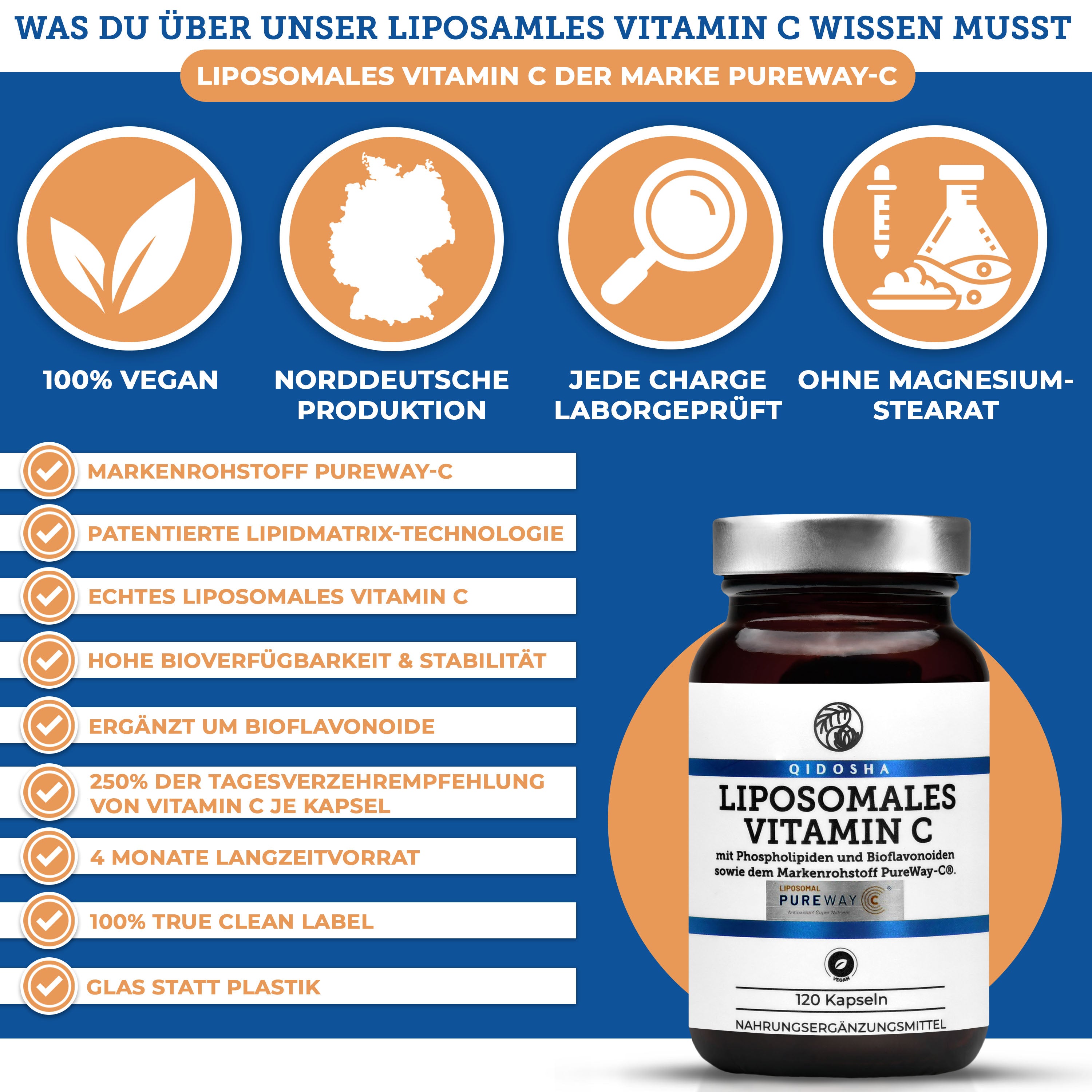 Vitamin C liposomal plus Bioflavonoide mit dem Markenrohstoff PureWay-C®, 120 Kapseln. Premium, hohe Bioverfügbarkeit, laborgeprüft, vegan, ohne Füllstoffe, in Glasverpackung. Hergestellt in Deutschland.