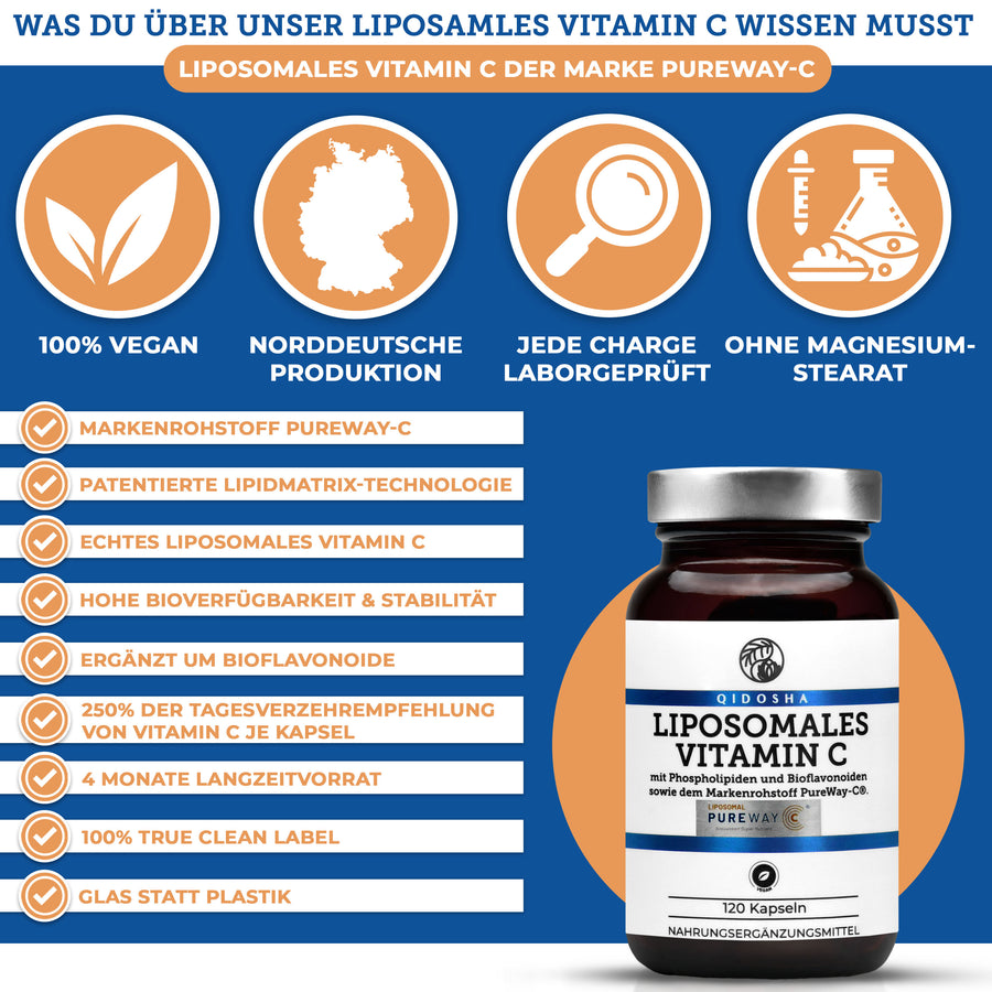 Vitamin C liposomal plus Bioflavonoide mit dem Markenrohstoff PureWay-C®, 120 Kapseln. Premium, hohe Bioverfügbarkeit, laborgeprüft, vegan, ohne Füllstoffe, in Glasverpackung. Hergestellt in Deutschland.
