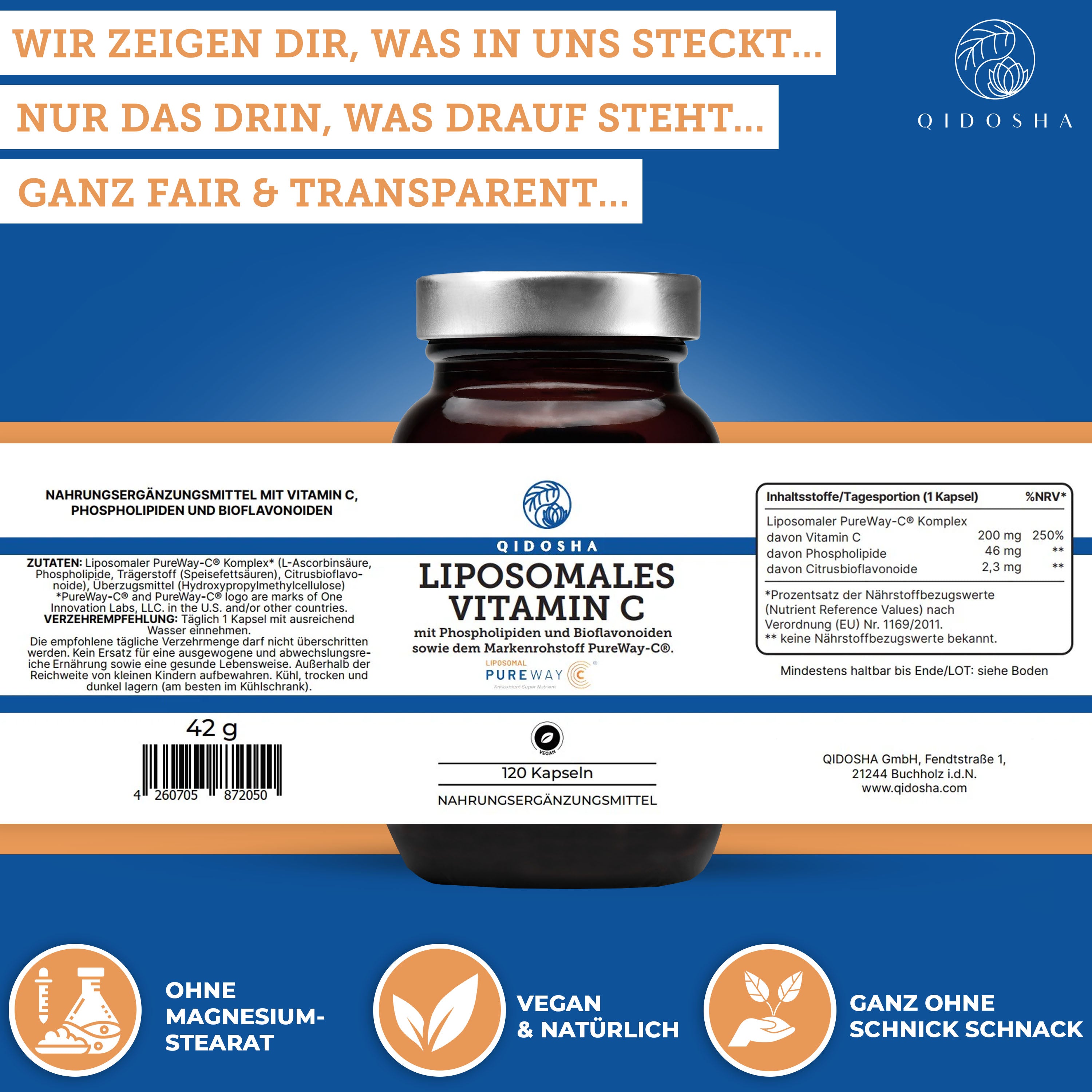 Qidosha Liposomales Vitamin C mit PureWay-C®, Premium-Nahrungsergänzungsmittel, vegan, ohne Zusatzstoffe, 120 Kapseln im Glas, hohe Bioverfügbarkeit und laborgeprüfte Qualität.