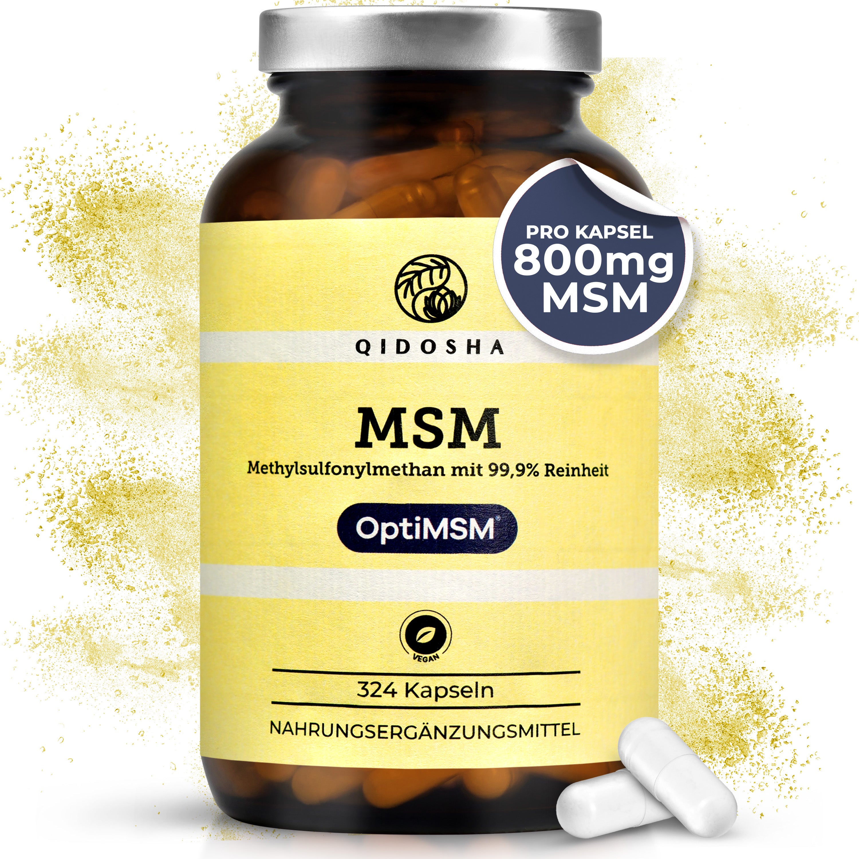 QIDOSHA MSM Methylsulfonylmethan (OptiMSM®) in braunem Glas, 324 vegane Kapseln. Hochreines, laborgeprüftes Nahrungsergänzungsmittel ohne Zusatzstoffe. Premiumqualität für Gelenke, Haut, Haare und Nägel.