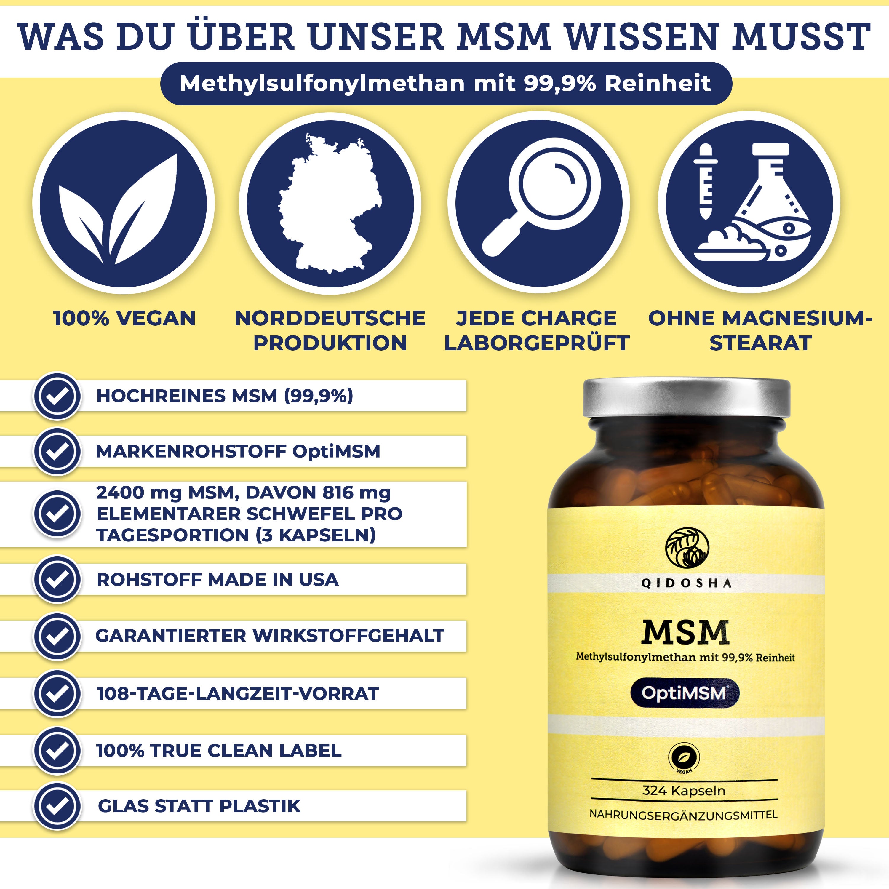 QIDOSHA Premium MSM Methylsulfonylmethan (OptiMSM®), 99,9 % Reinheit, vegan, laborgeprüft, ohne Zusatzstoffe, 324 Kapseln im Glas, hohe Qualität, Norddeutsche Produktion.