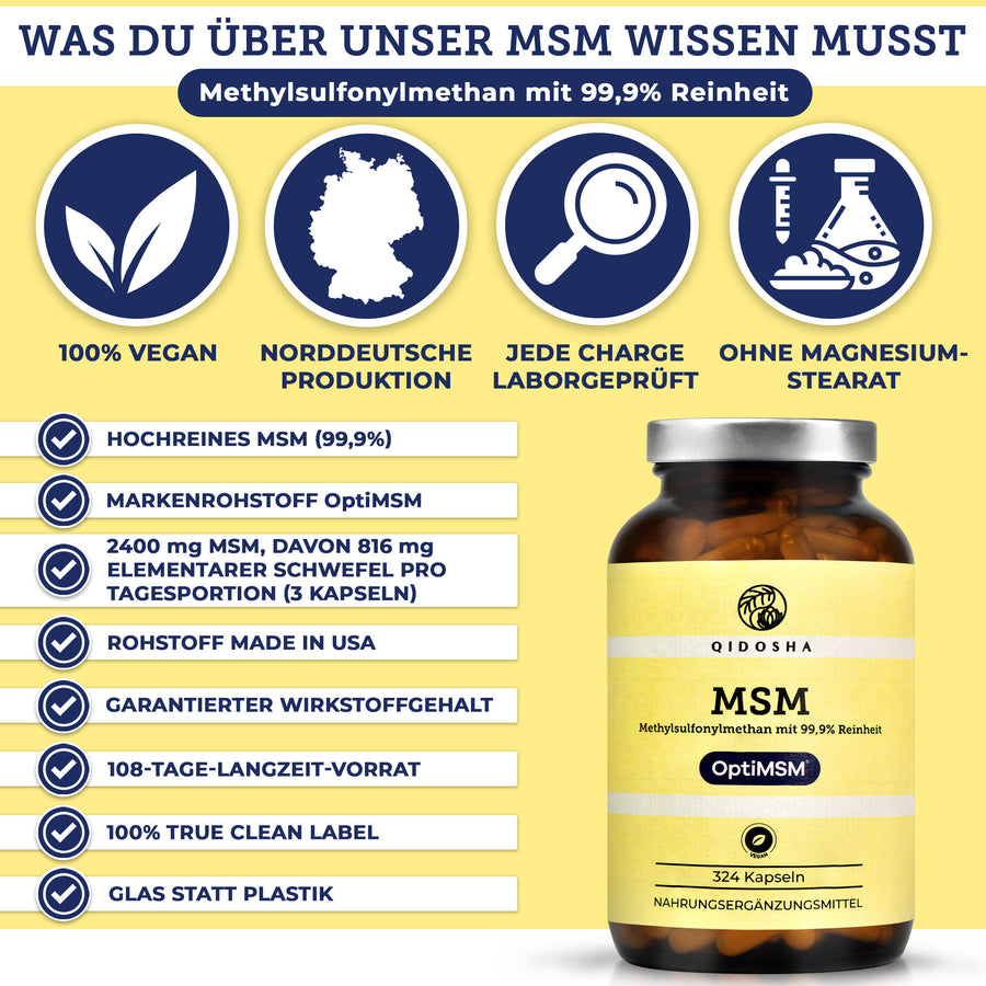 QIDOSHA Premium MSM Methylsulfonylmethan (OptiMSM®), 99,9 % Reinheit, vegan, laborgeprüft, ohne Zusatzstoffe, 324 Kapseln im Glas, hohe Qualität, Norddeutsche Produktion.