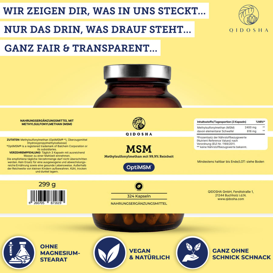 QIDOSHA MSM Methylsulfonylmethan (OptiMSM®) Premium-Kapseln: 324 vegane Kapseln, 99,9% Reinheit, ohne Füllstoffe, laborgeprüft, hoher Schwefelgehalt, in Deutschland hergestellt.