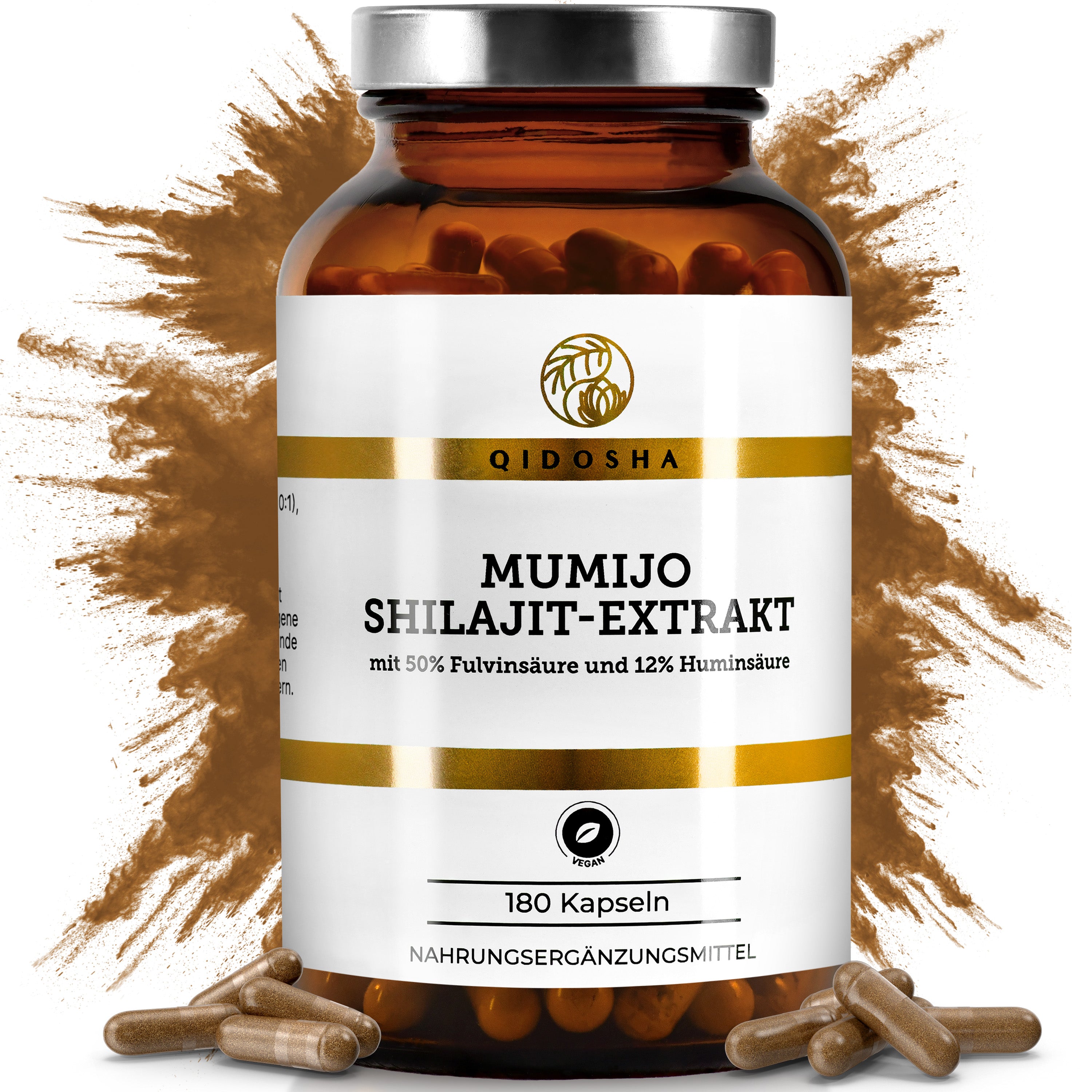 Mumijo Shilajit Extrakt von QIDOSHA: Premium-Glas mit 180 veganen Kapseln, laborgeprüft, ohne Zusatzstoffe, enthält 50% Fulvinsäure, 12% Huminsäure.