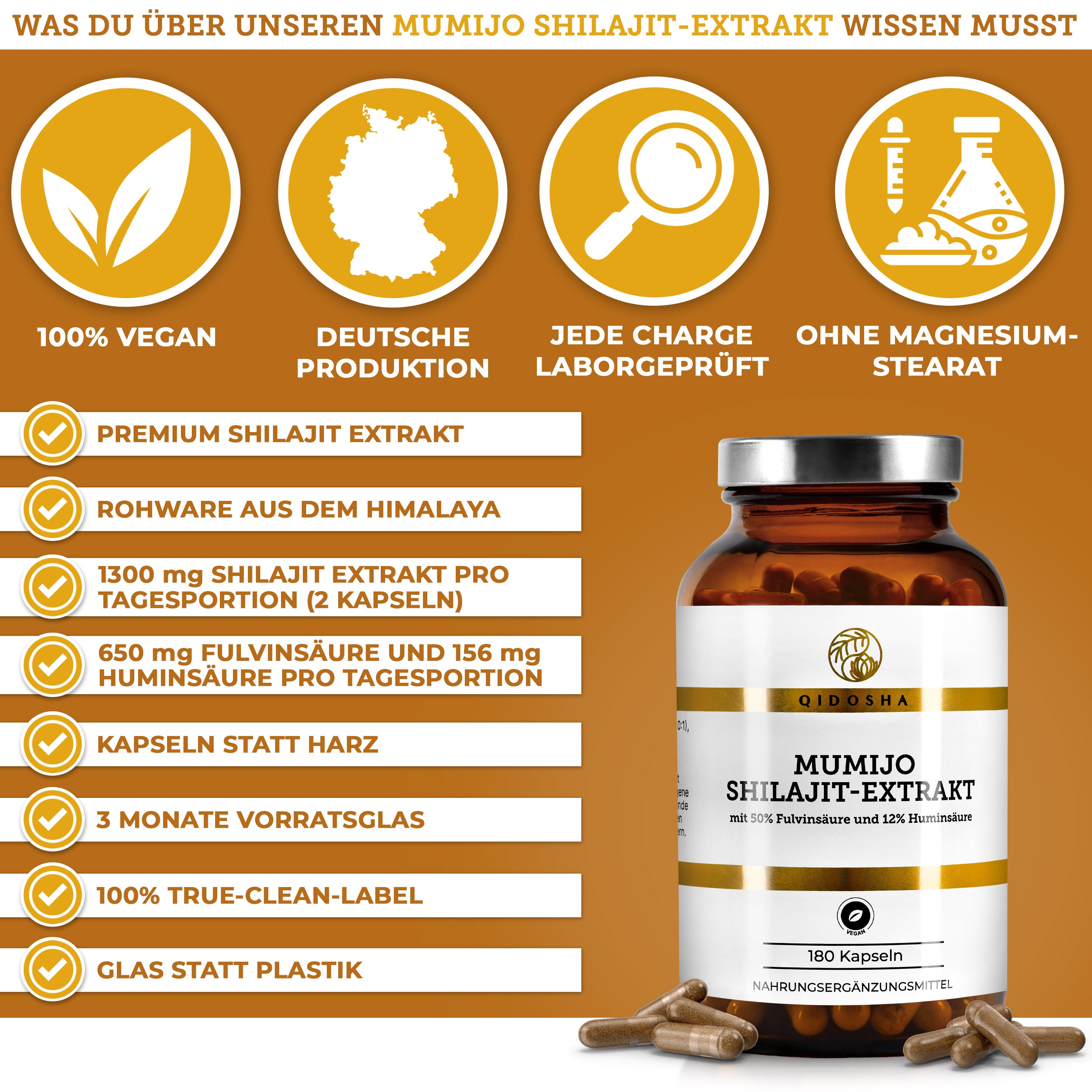 Mumijo Shilajit Extrakt: Premium, laborgeprüfte Qualität, 180 vegane Kapseln im Braunglas. 1.300 mg Shilajit-Extrakt pro Tag, ohne Füllstoffe, True-Clean-Label, deutsche Produktion.