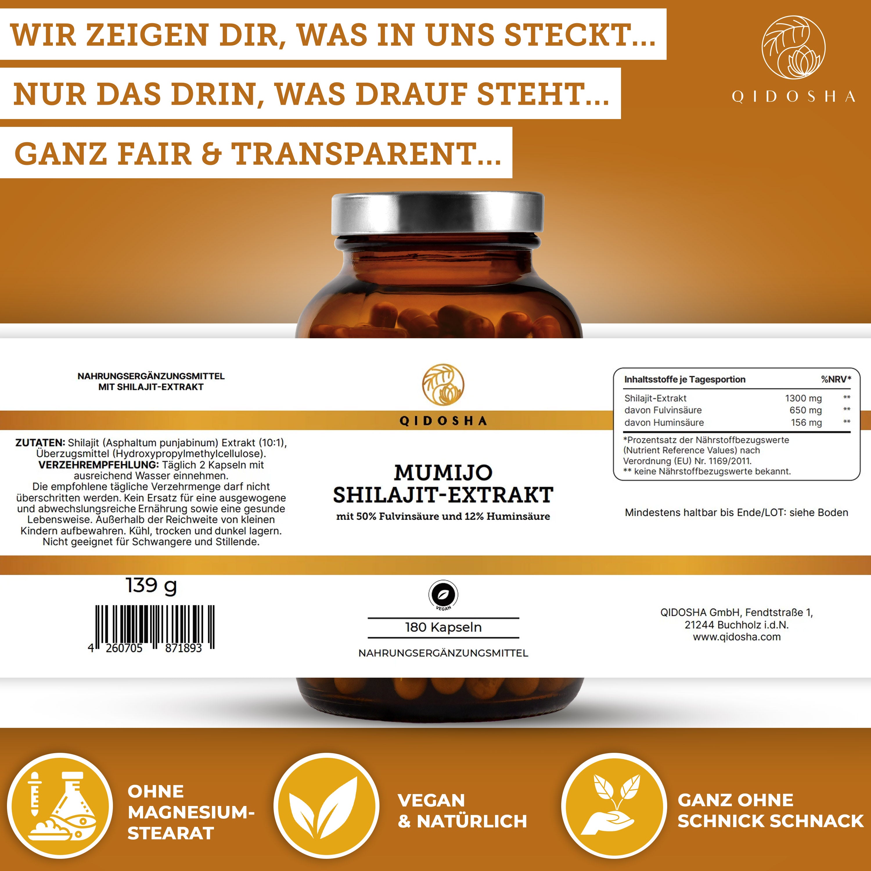 Mumijo Shilajit-Extrakt Flasche mit 180 veganen Kapseln. Premium-Nahrungsergänzung ohne Füllstoffe, laborgeprüft. Enthält 650 mg Fulvinsäure und 156 mg Huminsäure pro Tagesdosis.