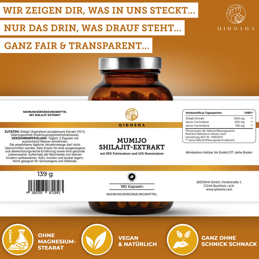 Mumijo Shilajit-Extrakt Flasche mit 180 veganen Kapseln. Premium-Nahrungsergänzung ohne Füllstoffe, laborgeprüft. Enthält 650 mg Fulvinsäure und 156 mg Huminsäure pro Tagesdosis.