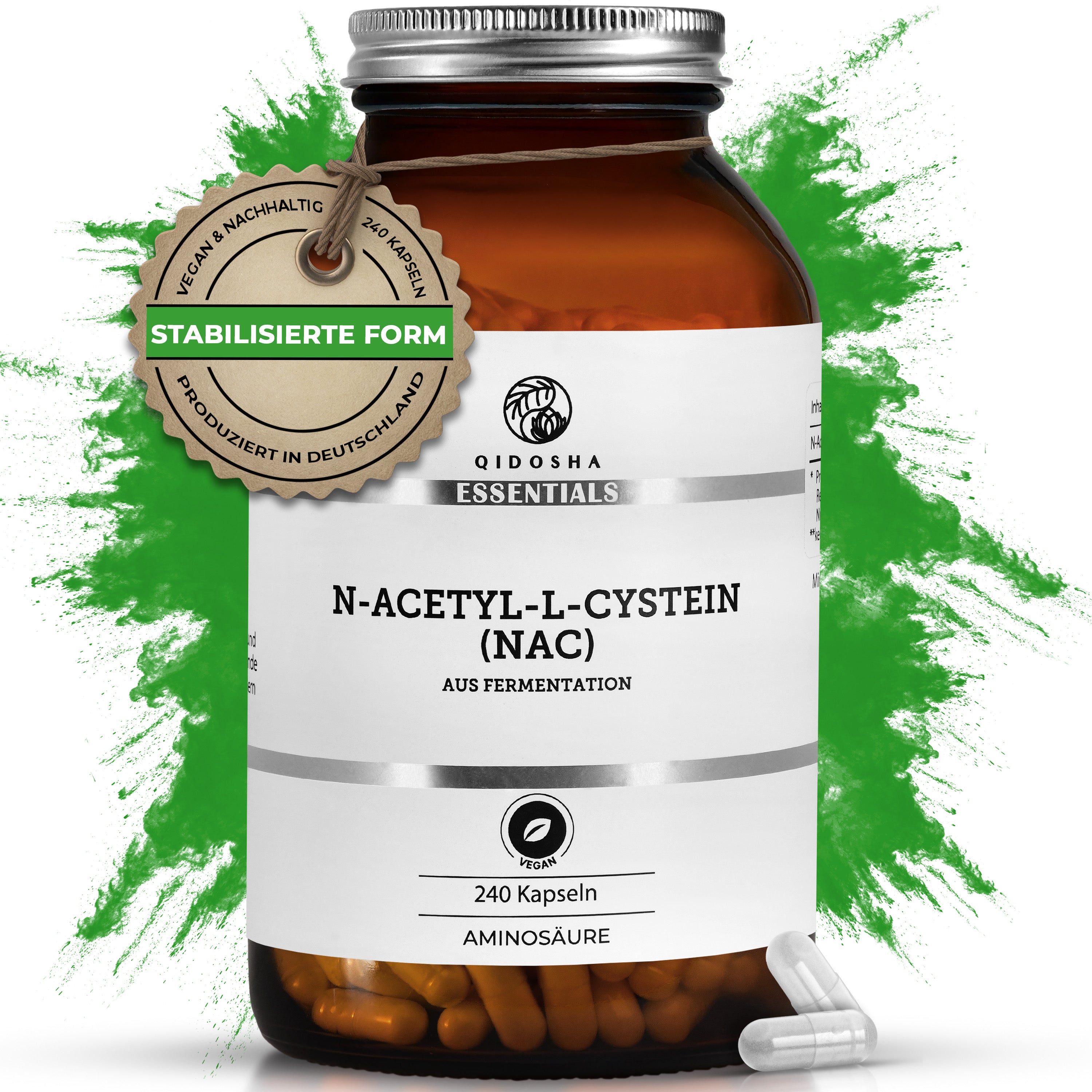 N-Acetyl-L-Cystein (NAC) im Glas von Qidosha Essentials, 240 vegane Kapseln, hochdosiert, laborgeprüft, ohne Zusatzstoffe, nachhaltig hergestellt in Deutschland.