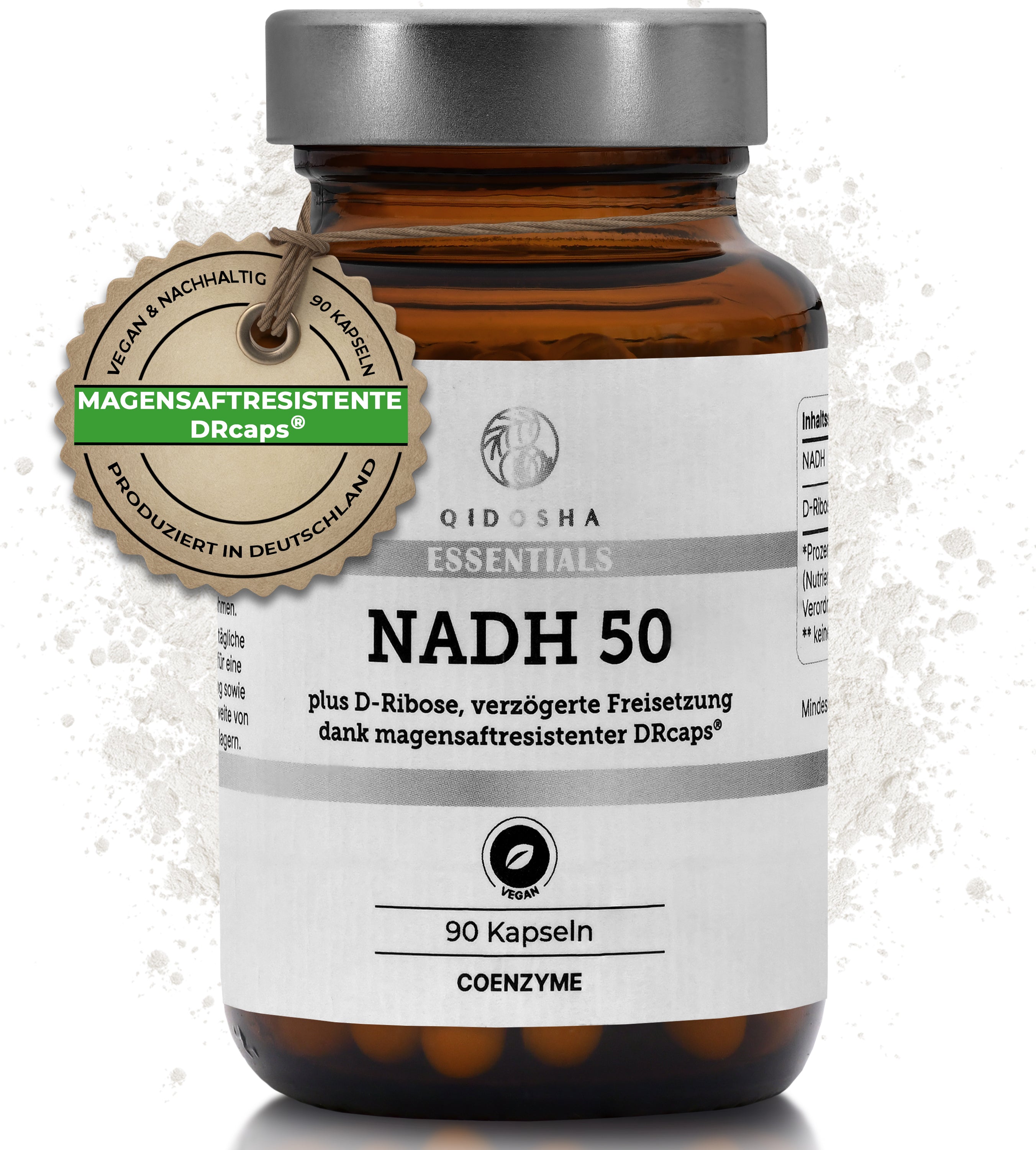 NADH plus D-Ribose im Glas: Premium, vegan, laborgeprüft, in Deutschland hergestellte Nahrungsergänzung, 90 magensaftresistente Kapseln, ohne Füllstoffe, für zelluläre Energiegewinnung.