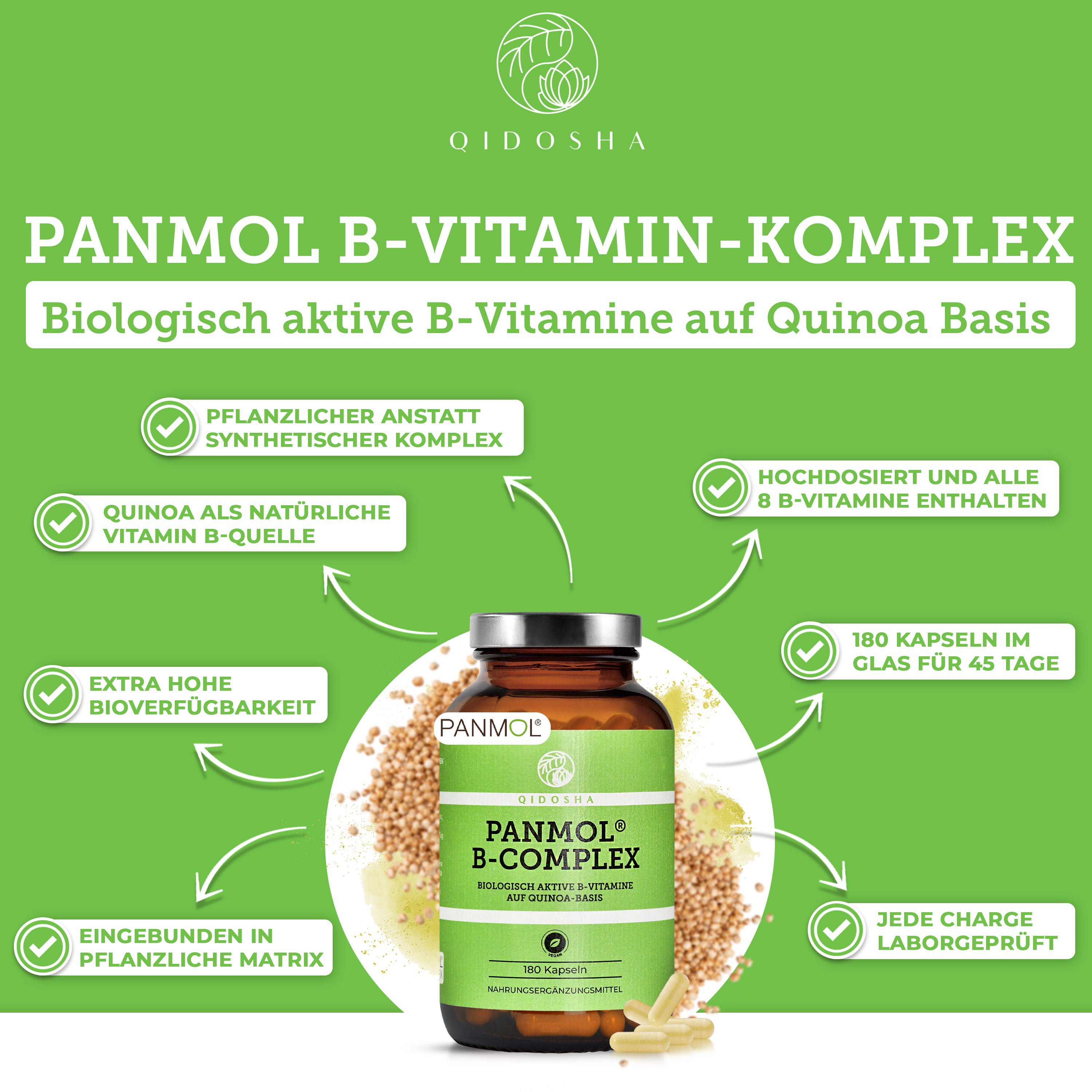 Vitamin B Komplex bioaktiv auf Quinoa-Basis von QIDOSHA: Premium, laborgeprüft, pflanzlich, hohe Bioverfügbarkeit, alle acht B-Vitamine, 180 Kapseln im Glas, ohne Zusatzstoffe.