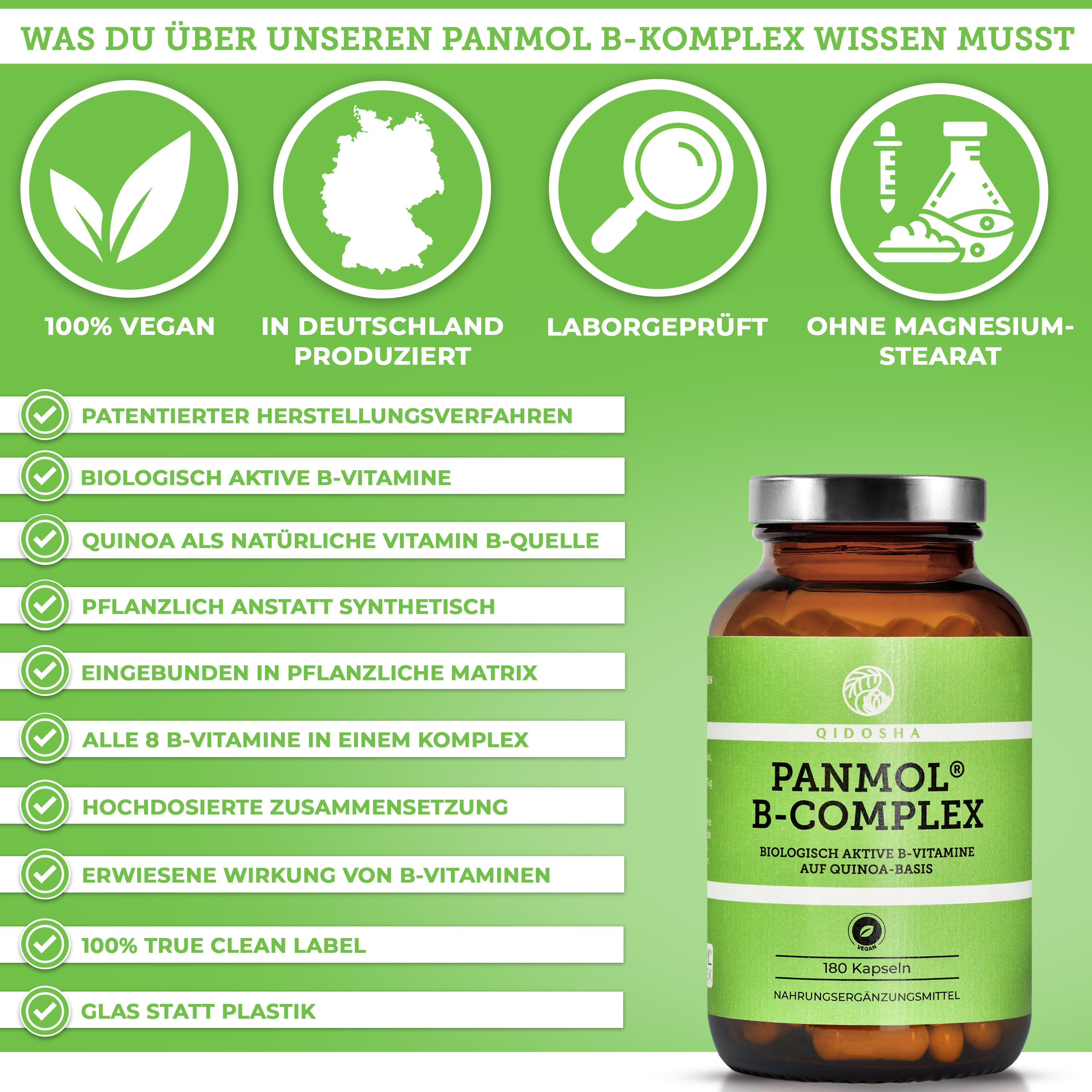 Vitamin B Komplex bioaktiv auf Quinoa-Basis, 180 Kapseln in Glasflasche, 100% vegan, laborgeprüft, ohne Füllstoffe, enthält alle acht B-Vitamine. Premium-Qualität.