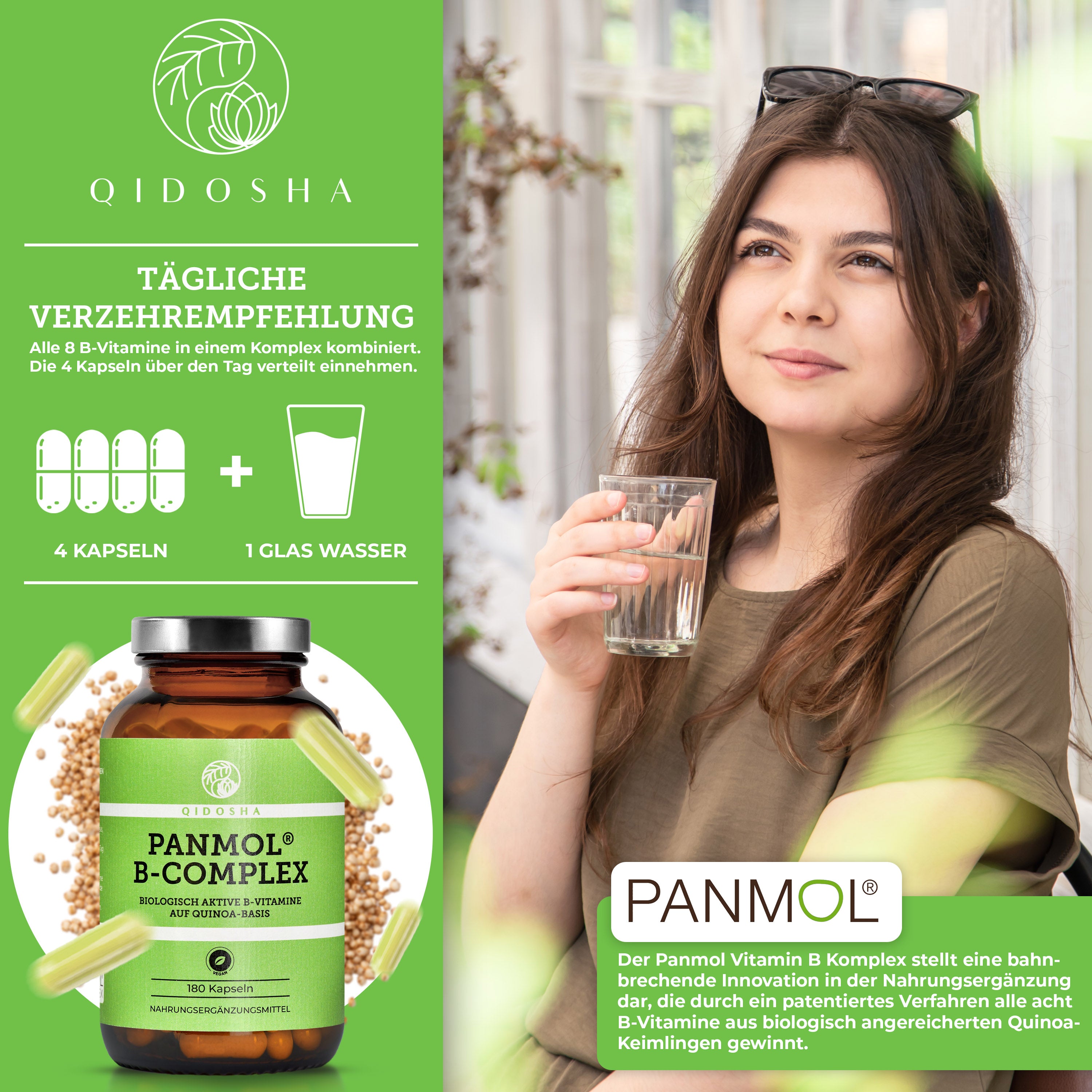 Vitamin B Komplex bioaktiv auf Quinoa-Basis: Premium-Dosierung, alle 8 B-Vitamine, pflanzlich statt synthetisch, laborgeprüft, ohne Füllstoffe, in nachhaltigem Glas.