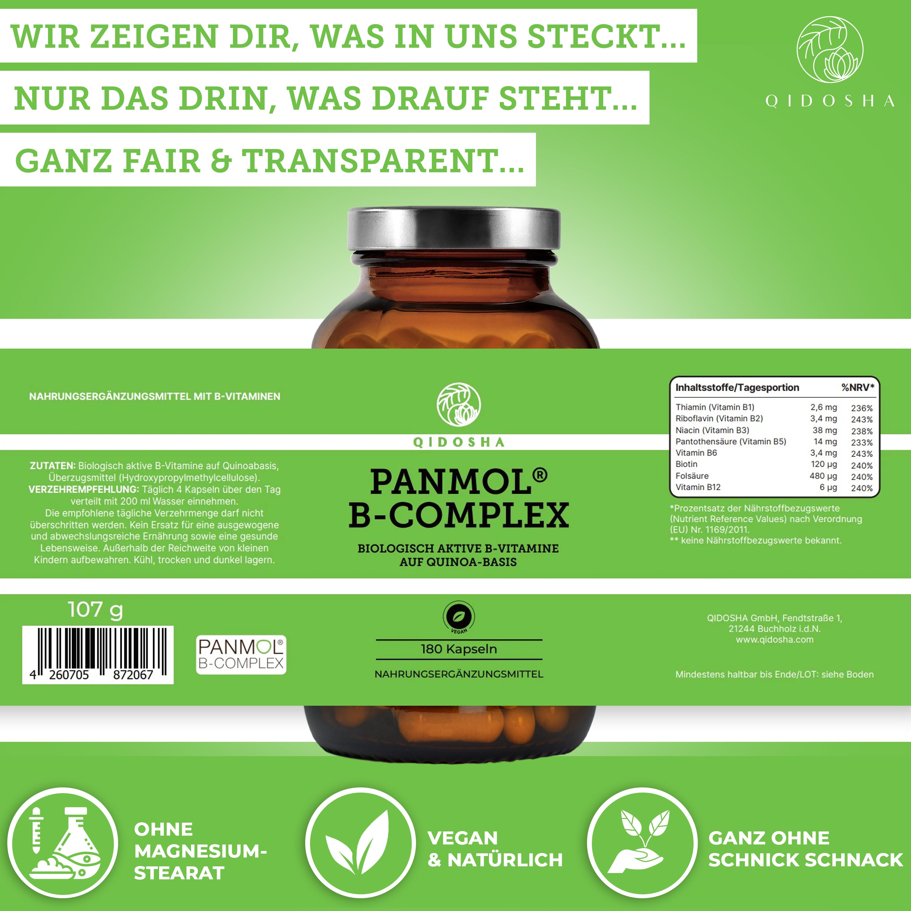 Vitamin B Komplex bioaktiv auf Quinoa-Basis, 180 vegane Kapseln, Premium-Qualität, ohne Zusatzstoffe, laborgeprüft, von QIDOSHA, im nachhaltigen Apothekerglas.