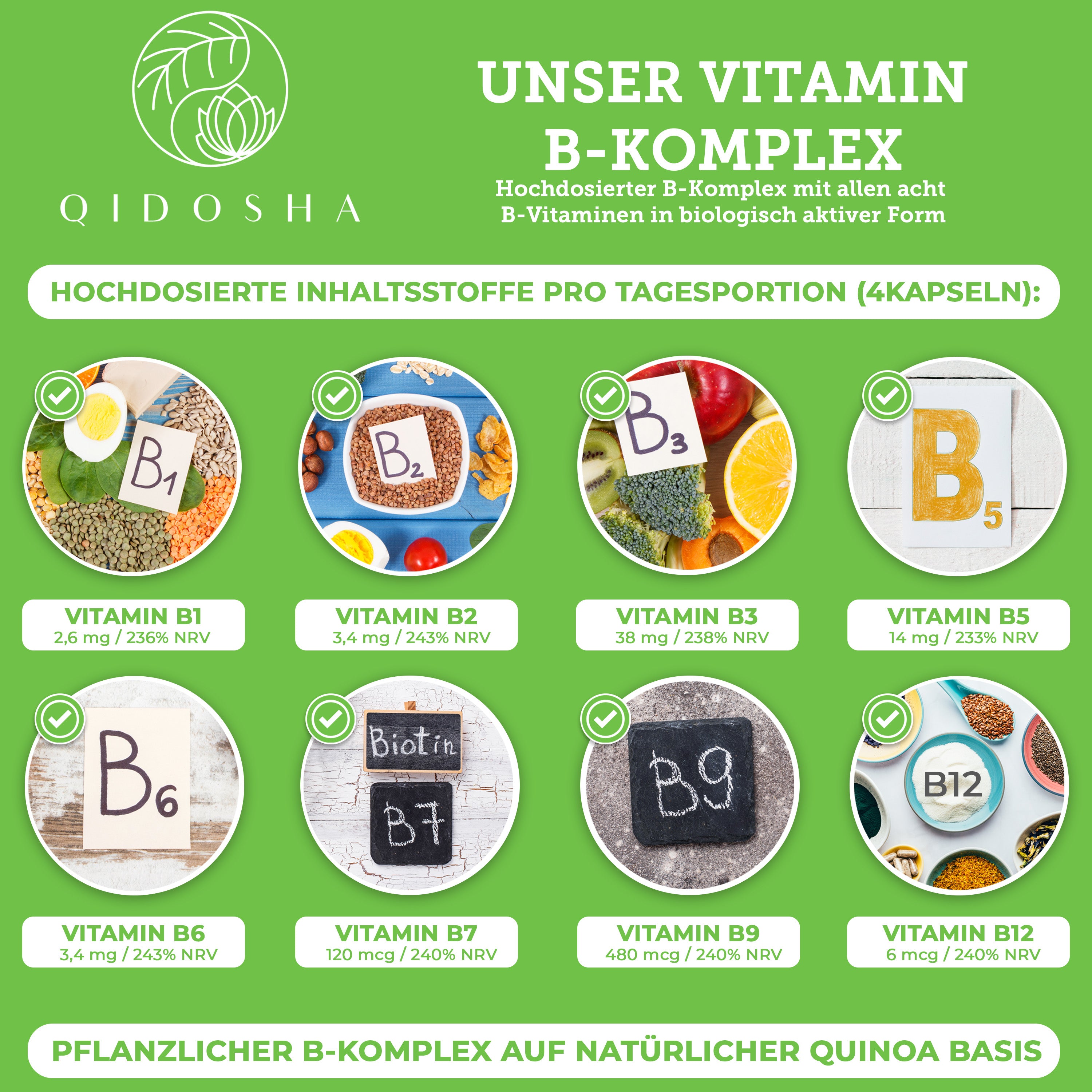 Vitamin B Komplex bioaktiv auf Quinoa-Basis, enthält alle B-Vitamine in hoher Dosis, pflanzlich und ohne Zusatzstoffe. Premium-Qualität, vegan, laborgeprüft, in nachhaltigem Glas verpackt.