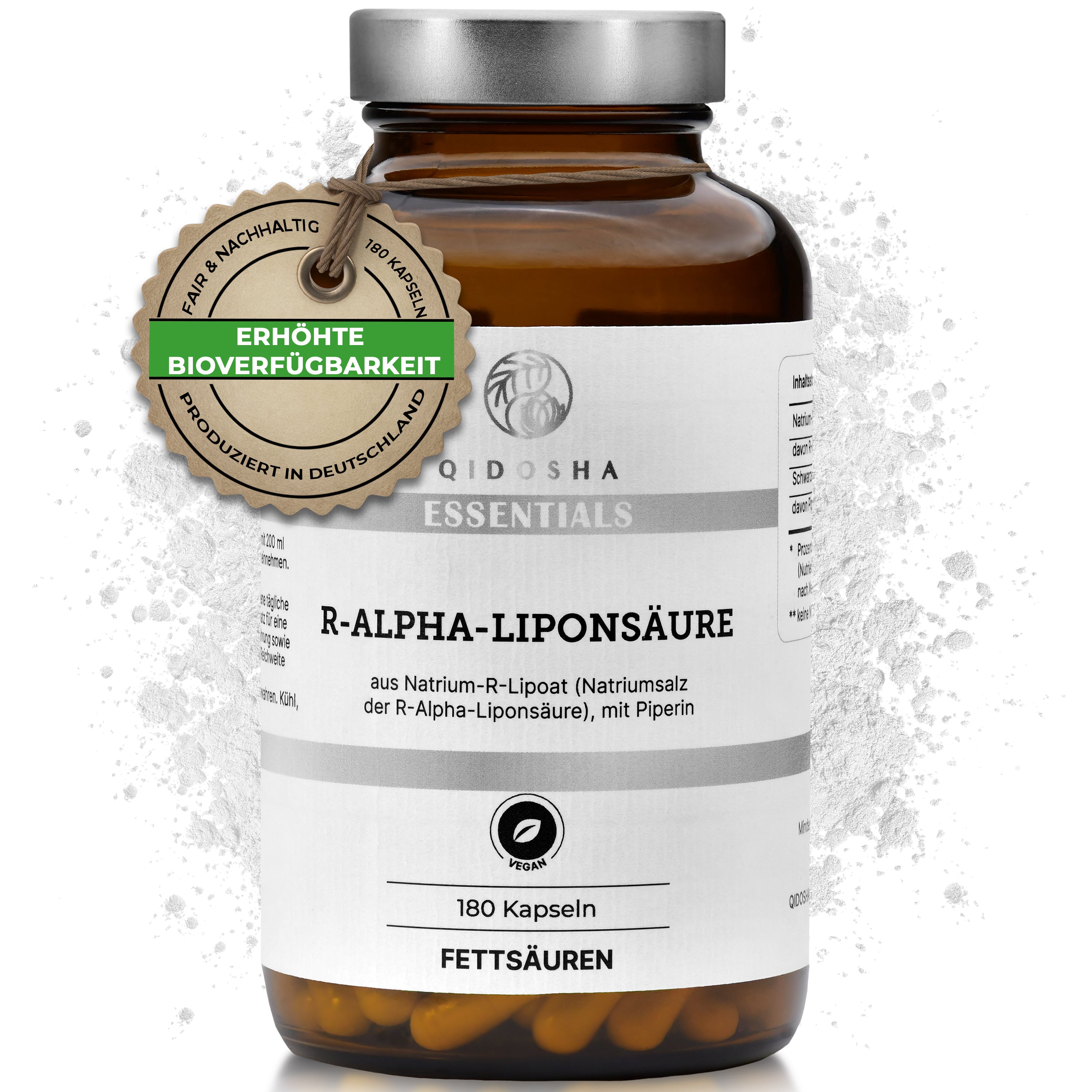 Dunkel-amberfarbenes Glas mit silbernem Deckel, enthält 180 vegane Kapseln R-Alpha-Liponsäure aus Natrium-R-Lipoat plus Piperin, Premiumqualität, ohne Füllstoffe, hergestellt in Deutschland.