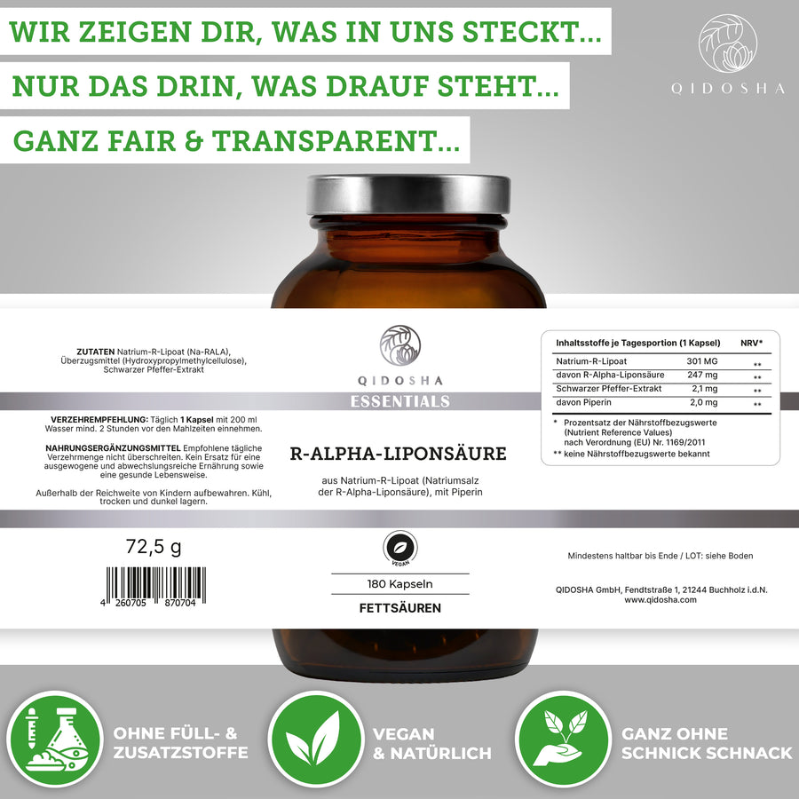 R-Alpha-Liponsäure aus Natrium-R-Lipoat plus Piperin im Glas