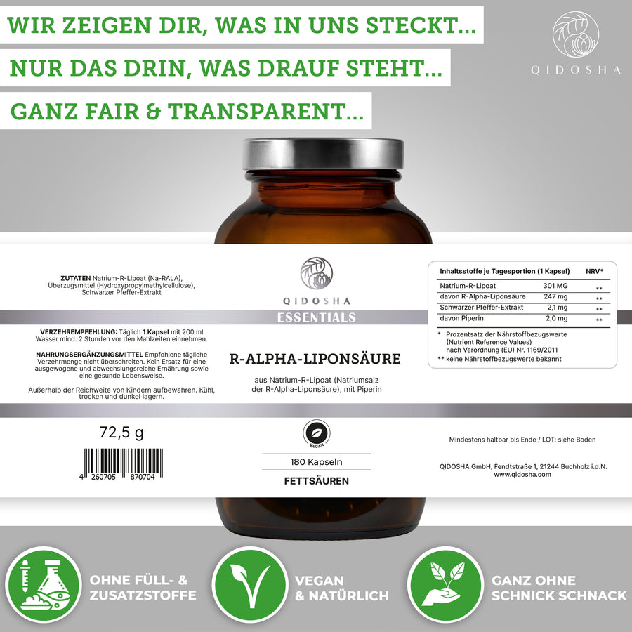 R-alpha lipoic acid from sodium R-lipoate plus piperine in a glass