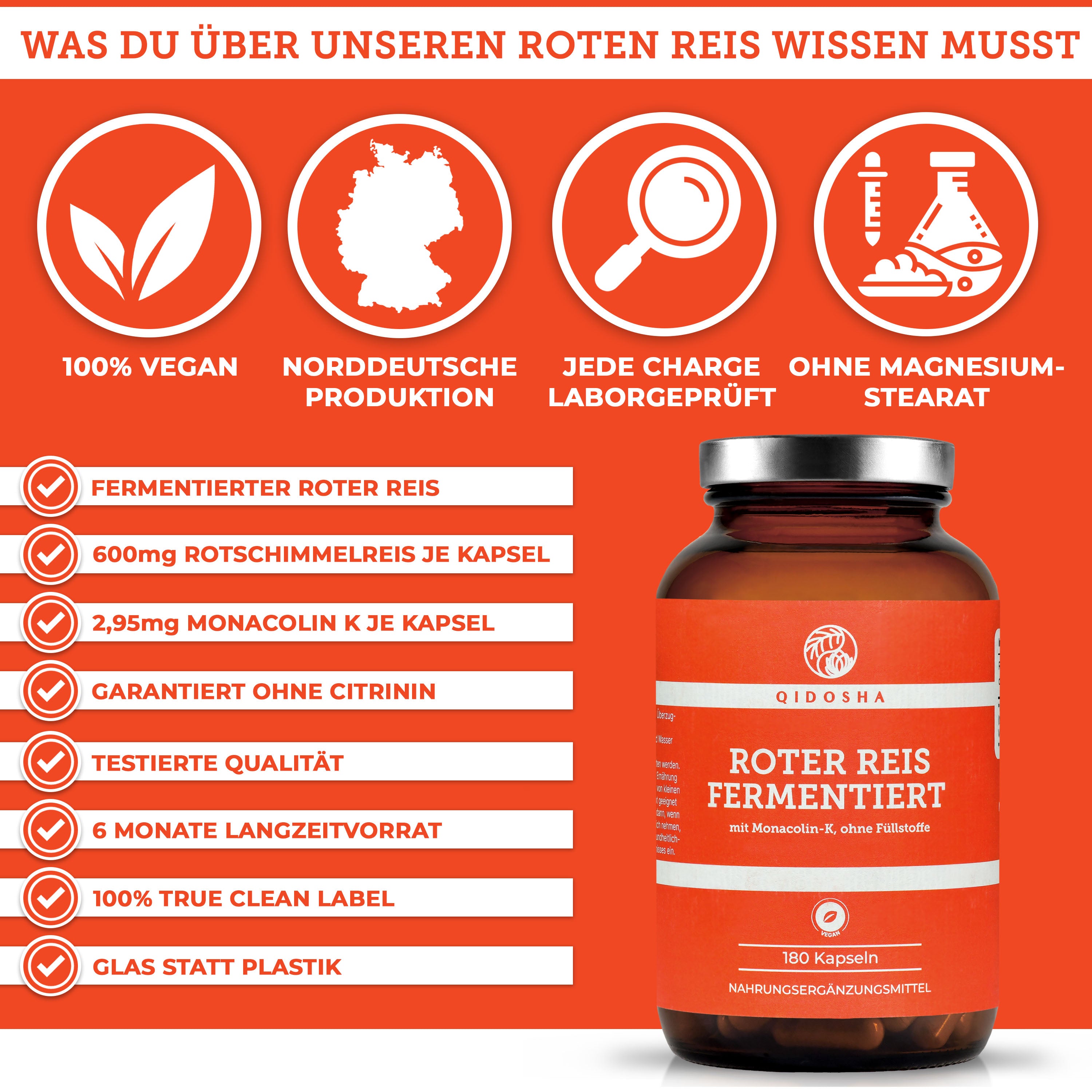 Roter Reis (fermentiert) Extrakt von QIDOSHA: Premium, 100% vegan, laborgeprüft, ohne Füllstoffe, Glasverpackung, 180 Kapseln, Monacolin K, hergestellt in Deutschland.