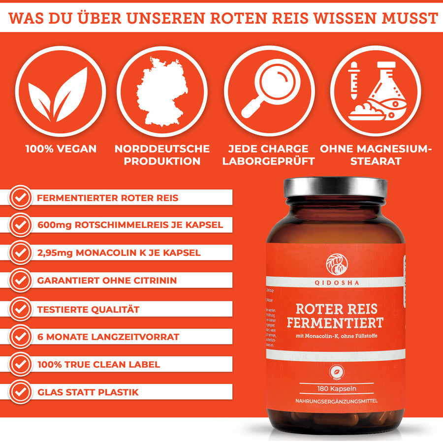 Roter Reis (fermentiert) Extrakt von QIDOSHA: Premium, 100% vegan, laborgeprüft, ohne Füllstoffe, Glasverpackung, 180 Kapseln, Monacolin K, hergestellt in Deutschland.