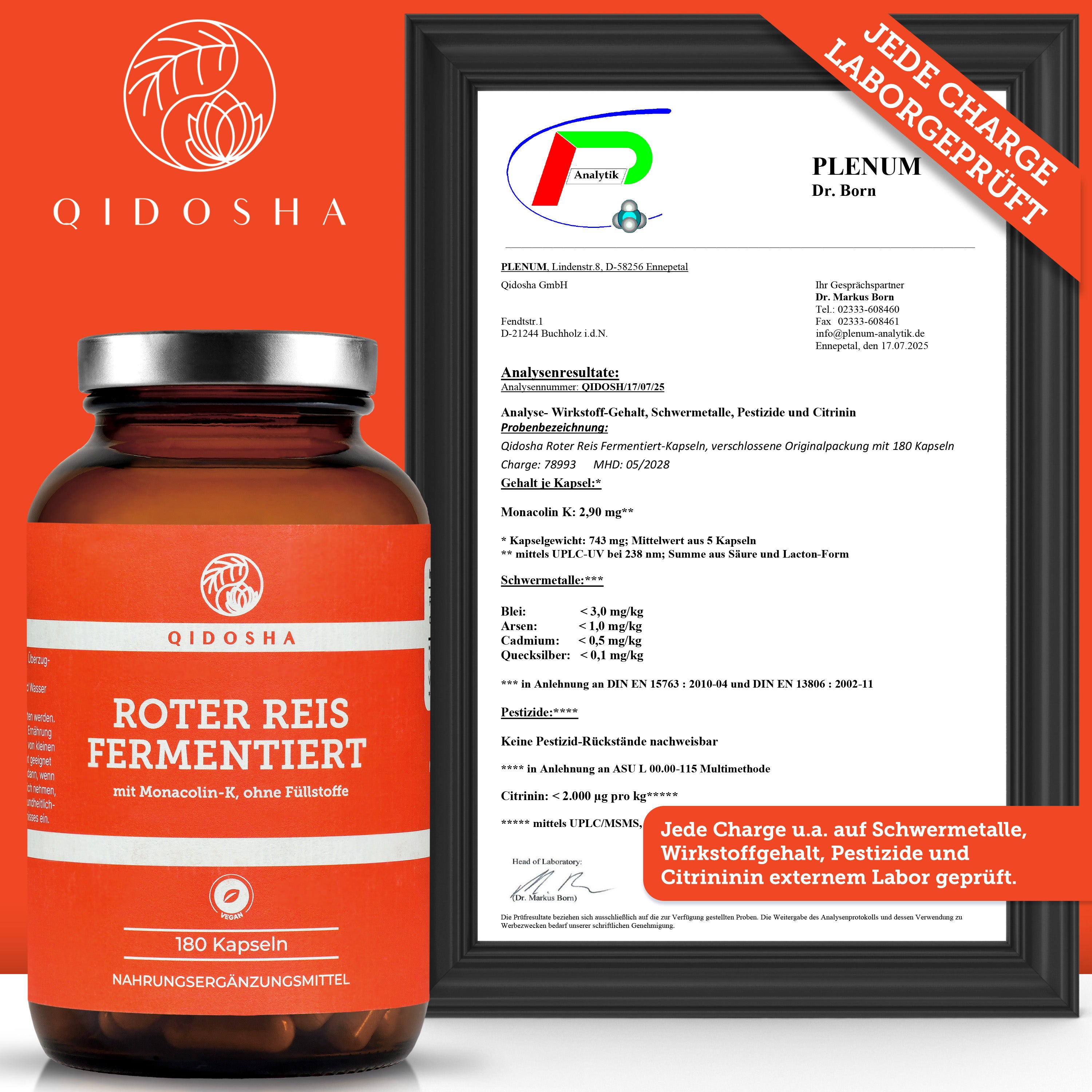 QIDOSHA Roter Reis (fermentiert) Extrakt, Premium-Nahrungsergänzungsmittel im Braunglas, 180 vegane Kapseln, Monacolin-K 2,90 mg/Kapsel, laborgeprüft, ohne Füllstoffe.