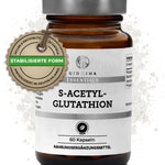 S-Acetyl-Glutathion im Glas, Premium-Nahrungsergänzungsmittel in veganen Kapseln, mit stabilisierter, bioaktiver Form, ohne Zusatzstoffe, laborgeprüfte Qualität, nachhaltig produziert in Deutschland.
