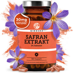 QIDOSHA Safran-Extrakt: Premium-Glas mit 180 veganen Kapseln, 2% Safranal, laborgeprüfte Qualität, ohne Zusatzstoffe, 30 mg pro Kapsel.
