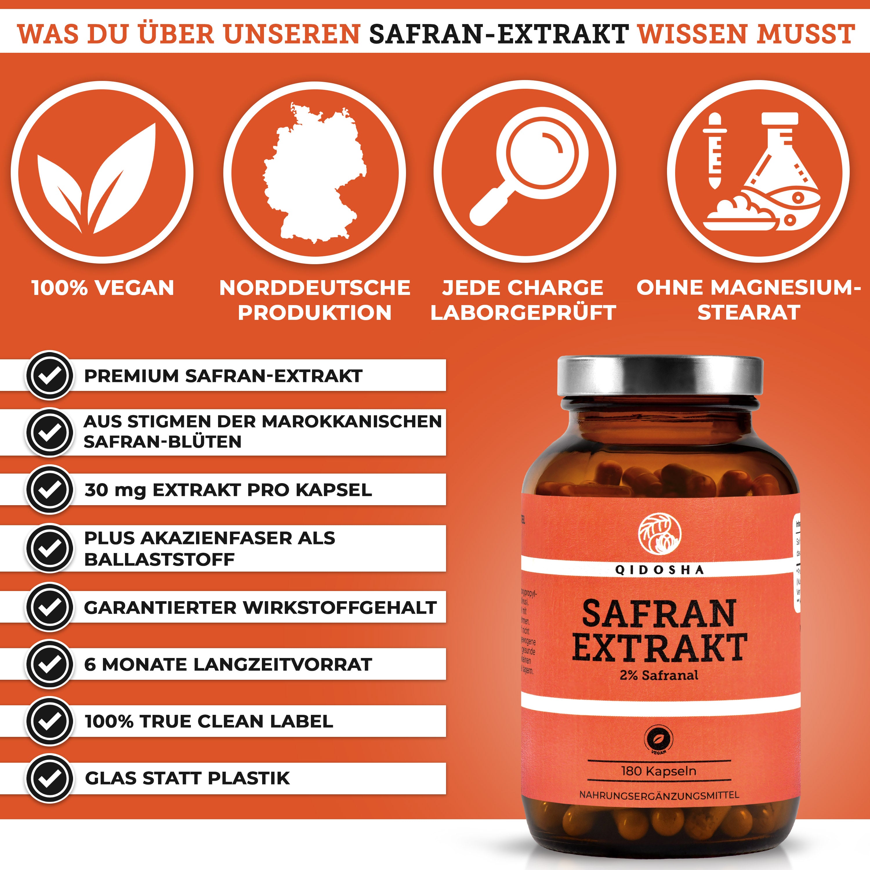 Safran-Extrakt mit 2% Safranal und 3,5% Crocin, laborgeprüft, premium Qualität, vegan, ohne Magnesiumstearat, in Glas verpackt, hergestellt in Deutschland.