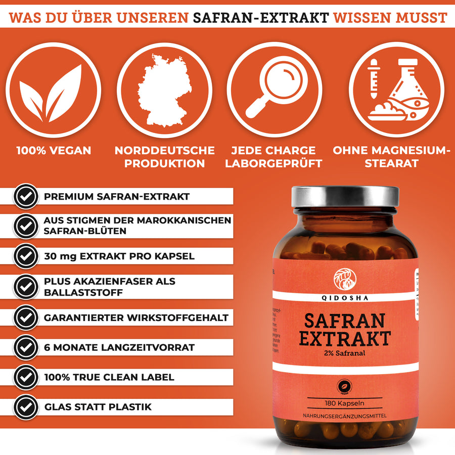 Safran-Extrakt mit 2% Safranal und 3,5% Crocin, laborgeprüft, premium Qualität, vegan, ohne Magnesiumstearat, in Glas verpackt, hergestellt in Deutschland.