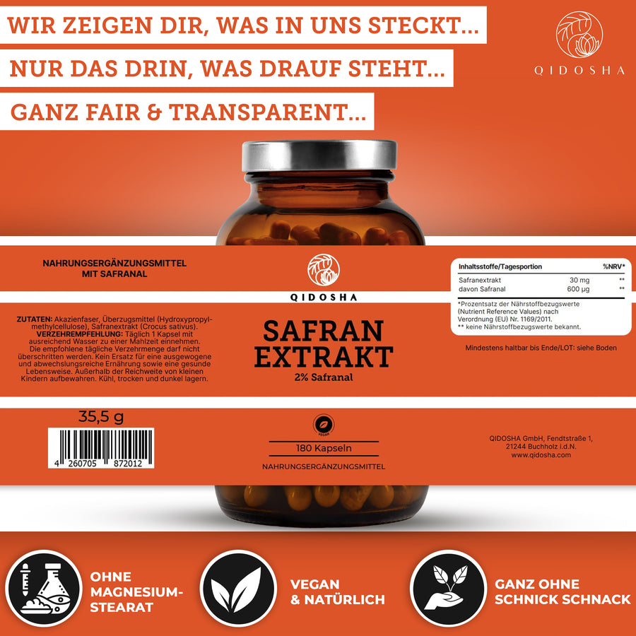 QIDOSHA Safran-Extrakt mit 2% Safranal: Premium-Nahrungsergänzungsmittel, 180 vegane Kapseln in amber Glasflasche, laborgeprüfte Qualität, ohne Füllstoffe, aus marokkanischen Safran-Blüten.