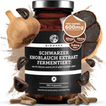 Schwarzer Knoblauch Extrakt fermentiert: Premium-Qualität, 180 vegane Kapseln. Enthält 600 mg fermentierten Extrakt, hoher Allicin- und SAC-Gehalt, in lichtgeschütztem Braunglas. Laborgeprüft, true clean label.