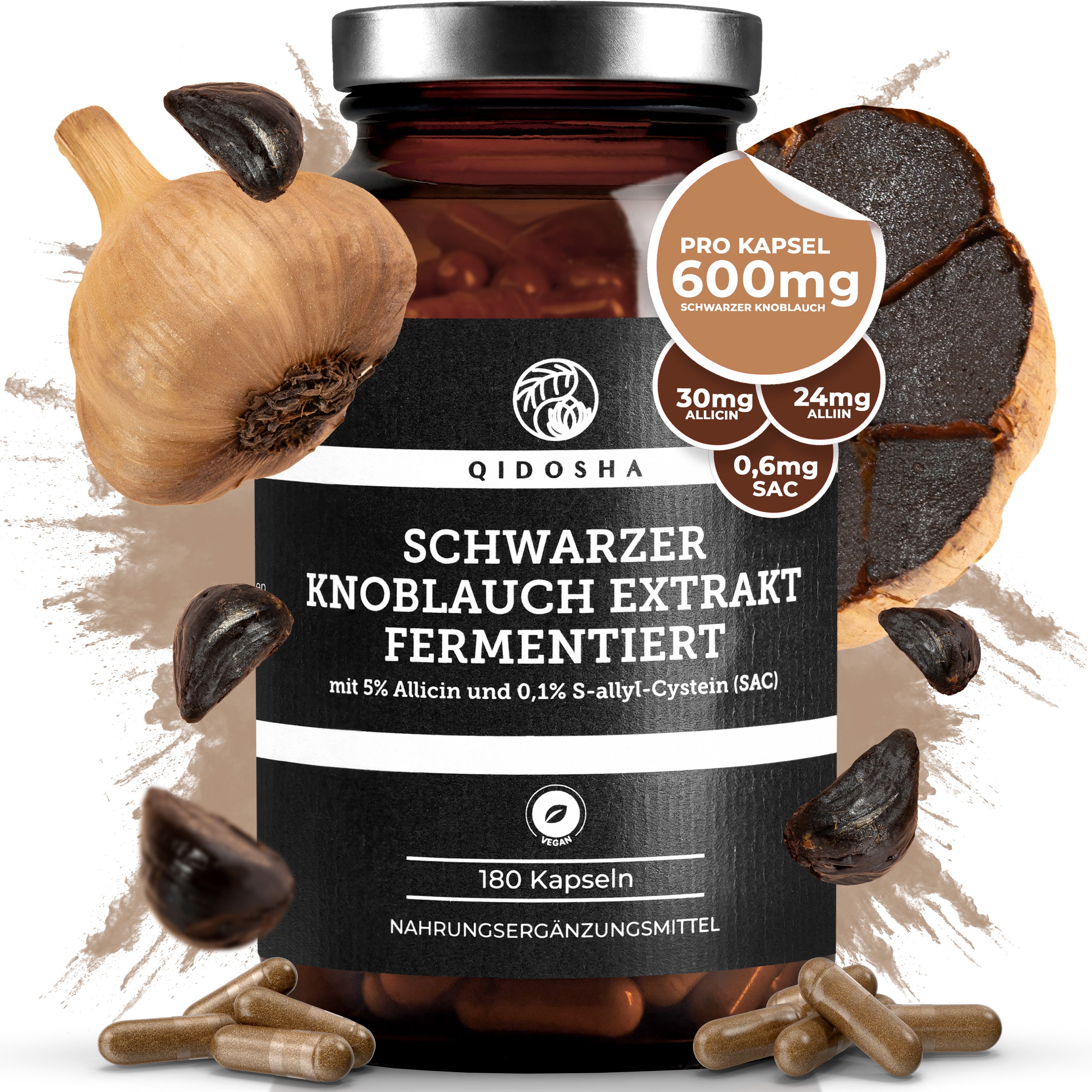 Schwarzer Knoblauch Extrakt fermentiert: Premium-Qualität, 180 vegane Kapseln. Enthält 600 mg fermentierten Extrakt, hoher Allicin- und SAC-Gehalt, in lichtgeschütztem Braunglas. Laborgeprüft, true clean label.