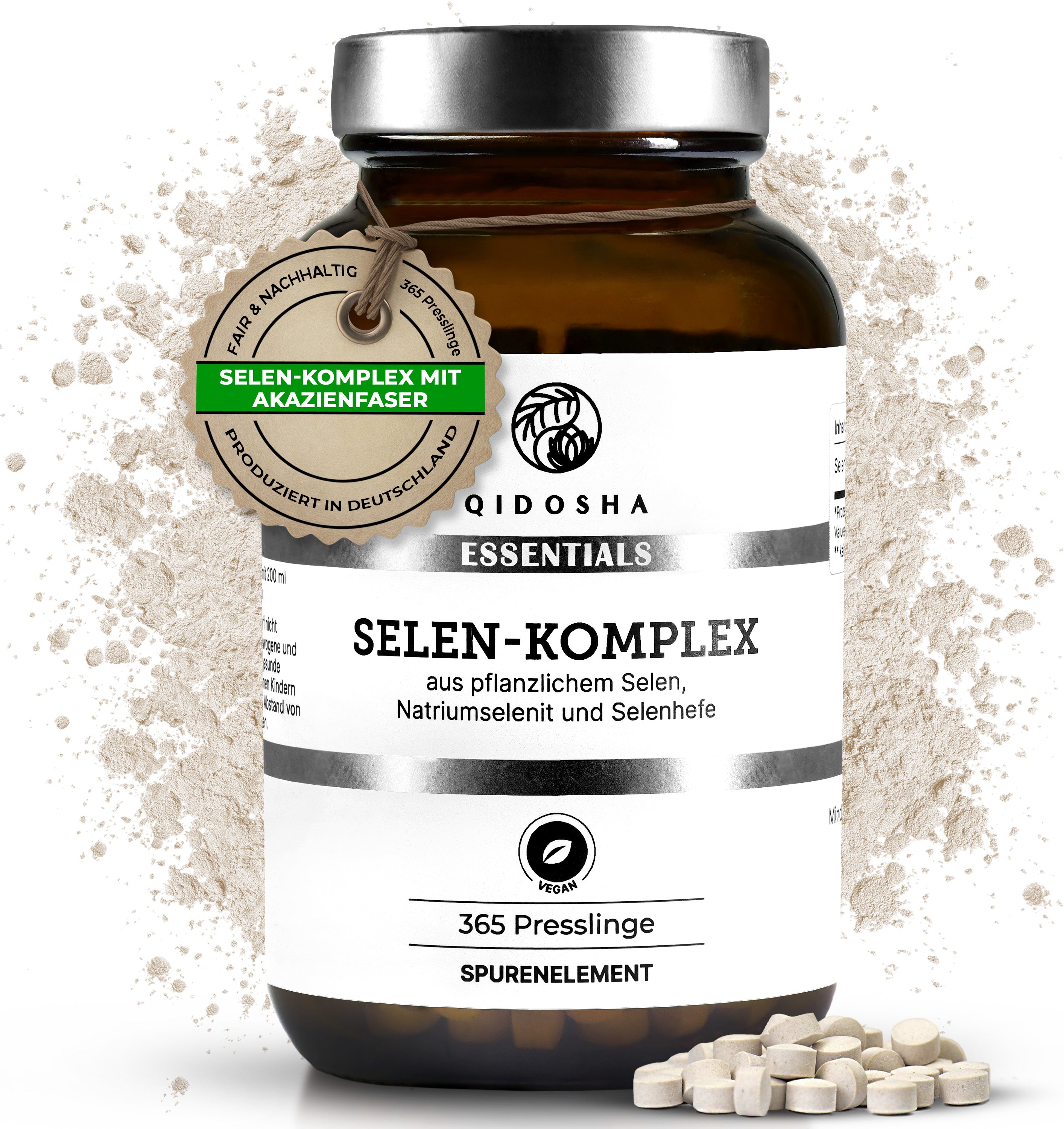 Dunkelbraunes Glas mit QIDOSHA ESSENTIALS SELEN-KOMPLEX, vegane, laborgeprüfte Selen-Tabletten aus pflanzlichen Quellen, ohne Füllstoffe, 365 Presslinge, Premiumqualität.