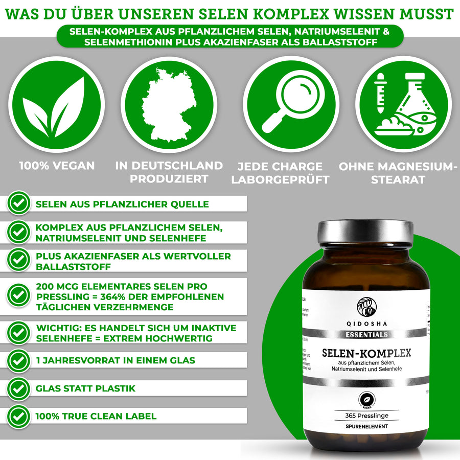 QIDOSHA Selen-Komplex: Premium, veganer Nahrungsergänzungskomplex mit pflanzlichem Selen, ohne Magnesiumstearat, laborgeprüft, in Deutschland hergestellt, umweltfreundlich in Glasflasche. 365 Tabletten für ein Jahr.