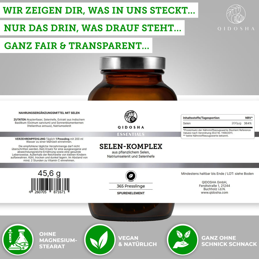 QIDOSHA Essentials SELEN-KOMPLEX: Premium-Selenpräparat im braunen Glas, vegan, ohne Füllstoffe. Enthält Selenhefe, indisches Basilikum, Sonnenblumenextrakt. Hohe, laborgeprüfte Qualität, true clean label.
