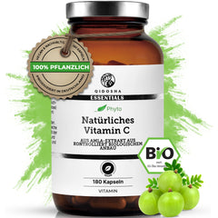 Vitamin C (pflanzlich) aus Bio-Amla-Extrakt im Glas, 180 Kapseln, Premium-Qualität, vegan, laborgeprüft, ohne Füllstoffe, nachhaltige Verpackung, Amla-Beeren abgebildet.