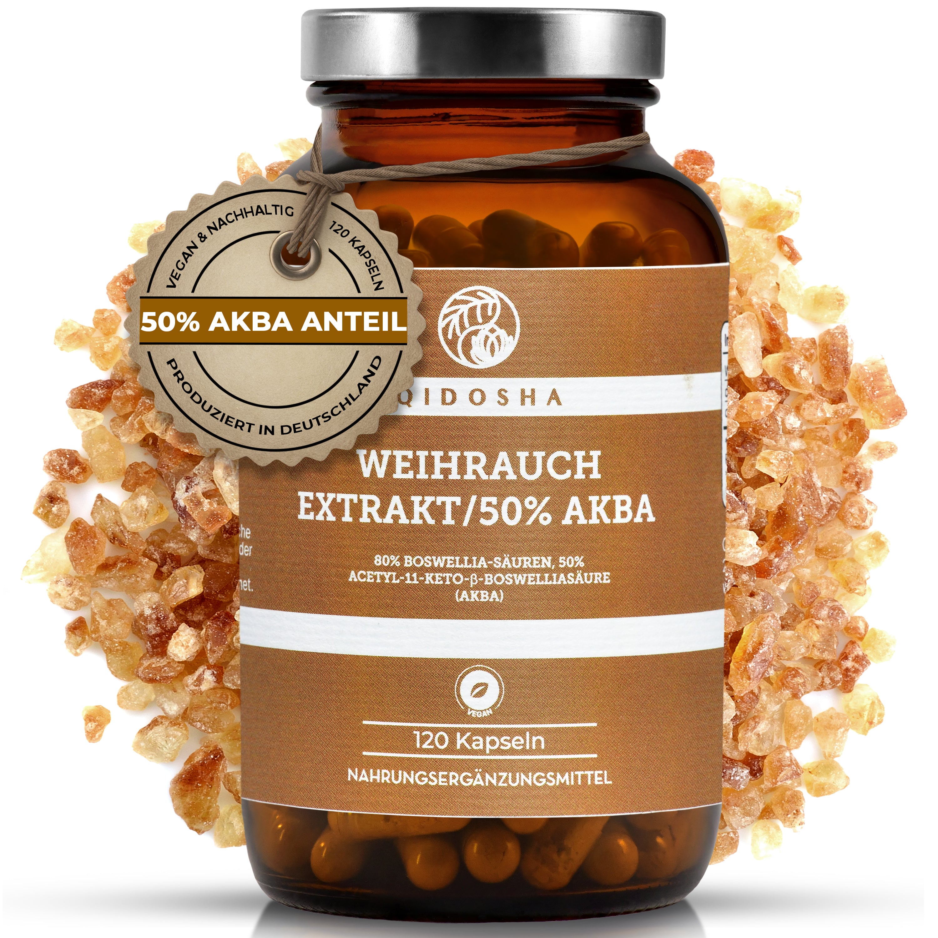 Weihrauch AKBA Kapseln im Glas, 120 vegane Kapseln, 50% Acetyl-11-keto-β-Boswelliasäure, laborgeprüft, ohne Füllstoffe, in Deutschland hergestellt, Premium-Nahrungsergänzungsmittel.
