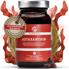 QIDOSHA Astaxanthin 12 mg plus Olivenöl: Premium, laborgeprüfte Qualität. 90 vegane Kapseln in Glasflasche, aus europäischem Anbau, ohne Füllstoffe, nachhaltige Produktion in Deutschland.