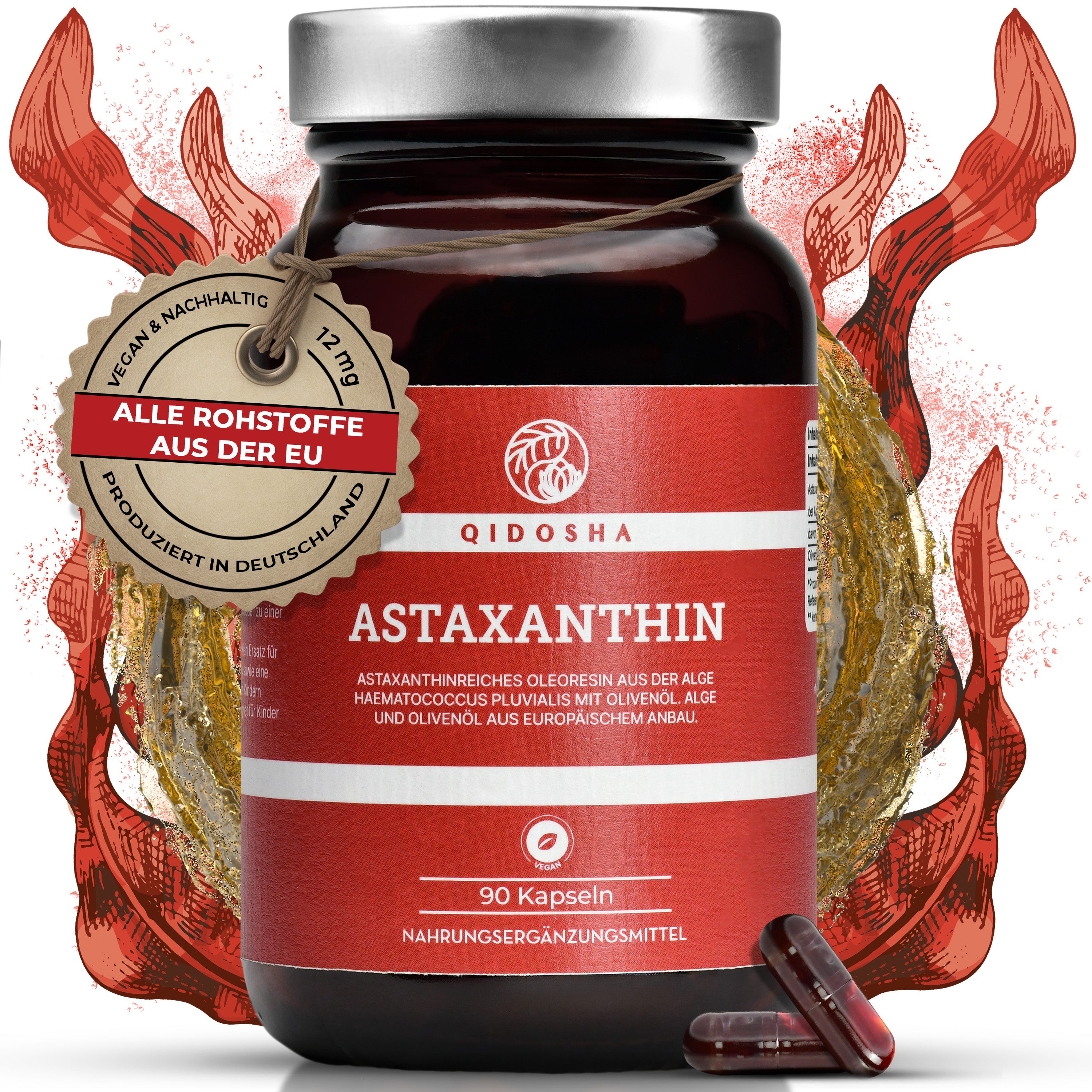 QIDOSHA Astaxanthin 12 mg plus Olivenöl: Premium, laborgeprüfte Qualität. 90 vegane Kapseln in Glasflasche, aus europäischem Anbau, ohne Füllstoffe, nachhaltige Produktion in Deutschland.