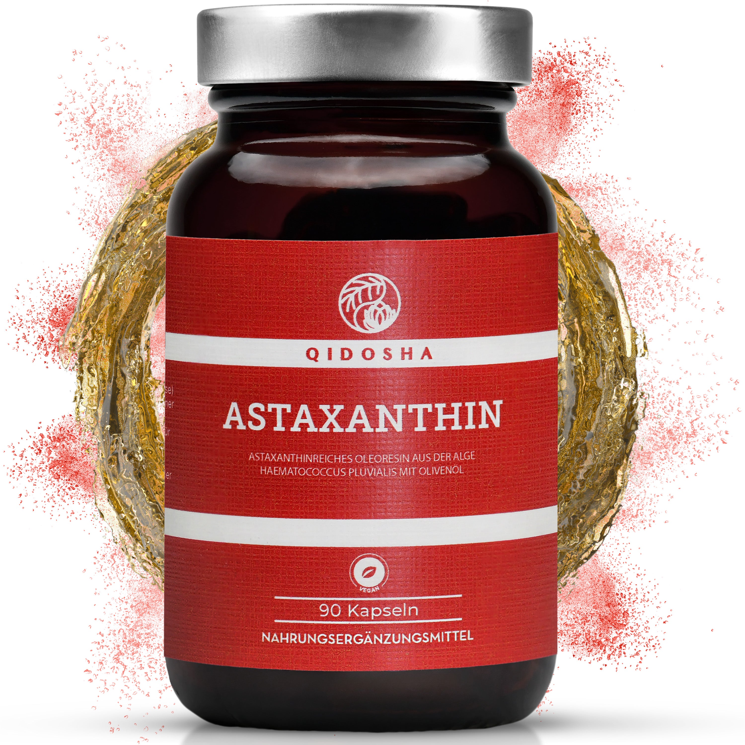 QIDOSHA Astaxanthin 8 mg plus Olivenöl: Premium-Veganes Nahrungsergänzungsmittel aus portugiesischer Mikroalge, laborgeprüft, frei von Zusatzstoffen, in nachhaltigem Braunglas.